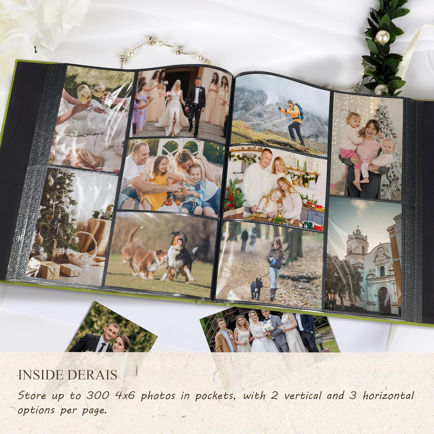 Photo Album 4X6 for 300 Pictures &ndash; Our Story Memory Book with Gold Wreath Cover &ndash; Family Scrapbook for Holiday, Party, Everyday Moments by Kuword- Olive image number 6