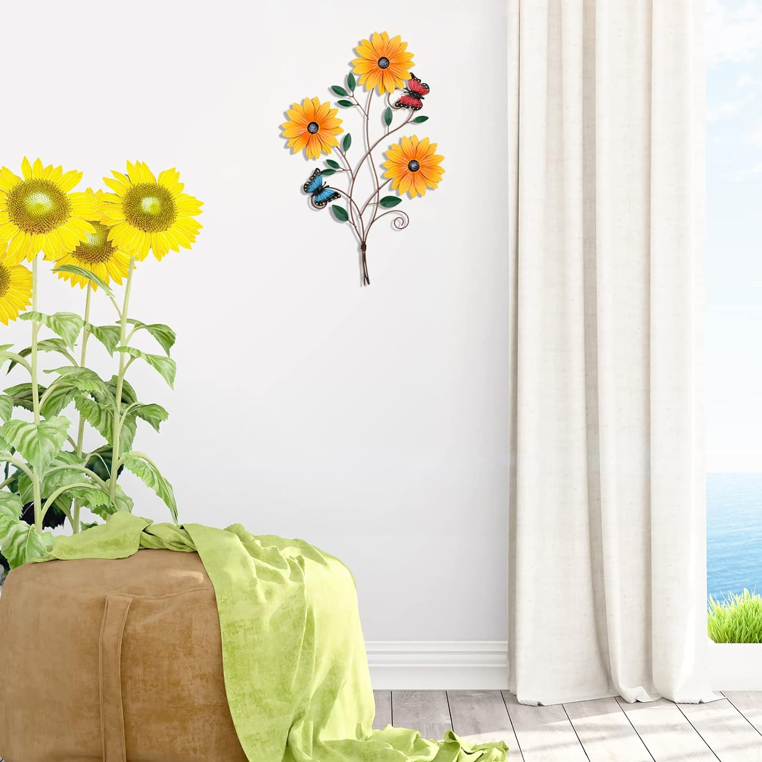 Lounsweer Metal Sunflower Wall Decor Rustic Sunflower Bathroom Decor for Patio Butterfly Flower Wall Art Vintage Hanging Metal Flower for Home Kitchen Indoor Outdoor, 15X9 Inch(1 Piece)