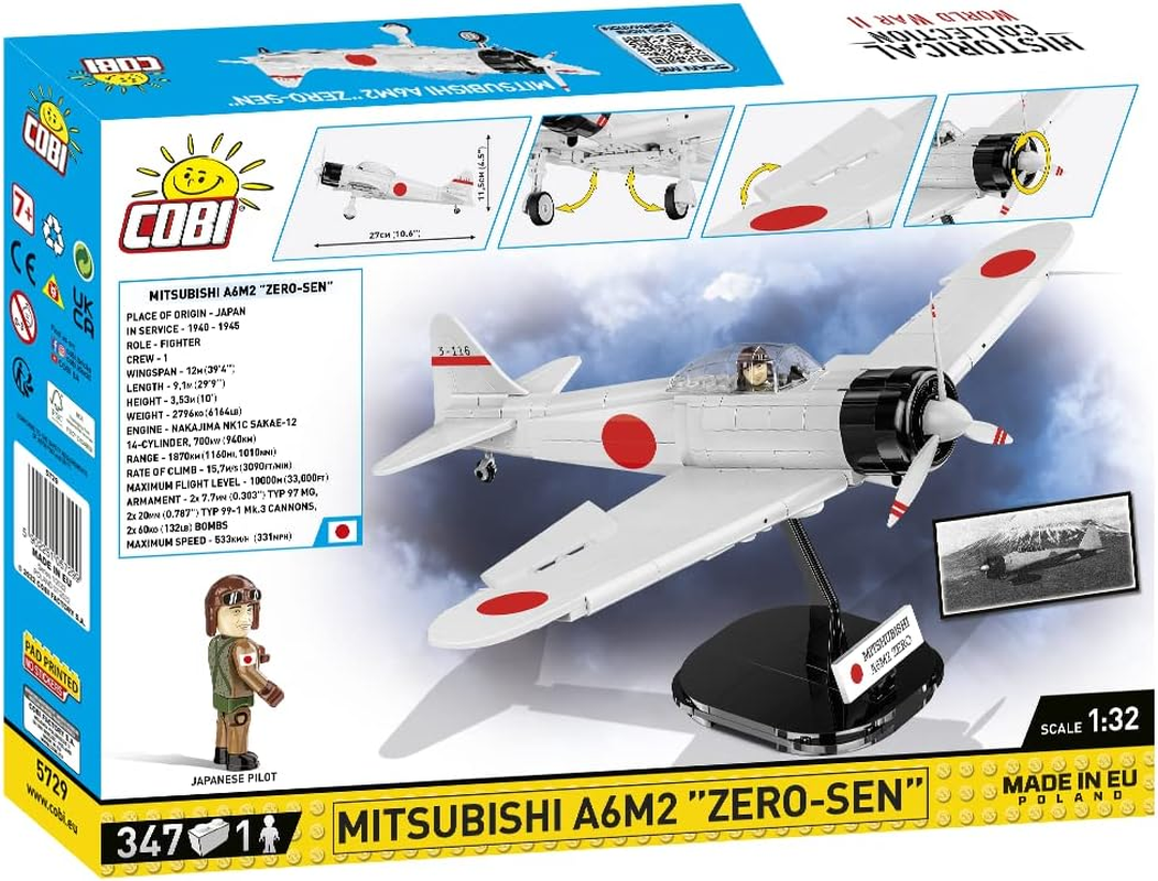 Cobi 1:32 Scale Historical Collection World War II Mitsubishi A6M2 Zero-Sen Fighter Plane 347-Pieces Building Block Kit image number 3