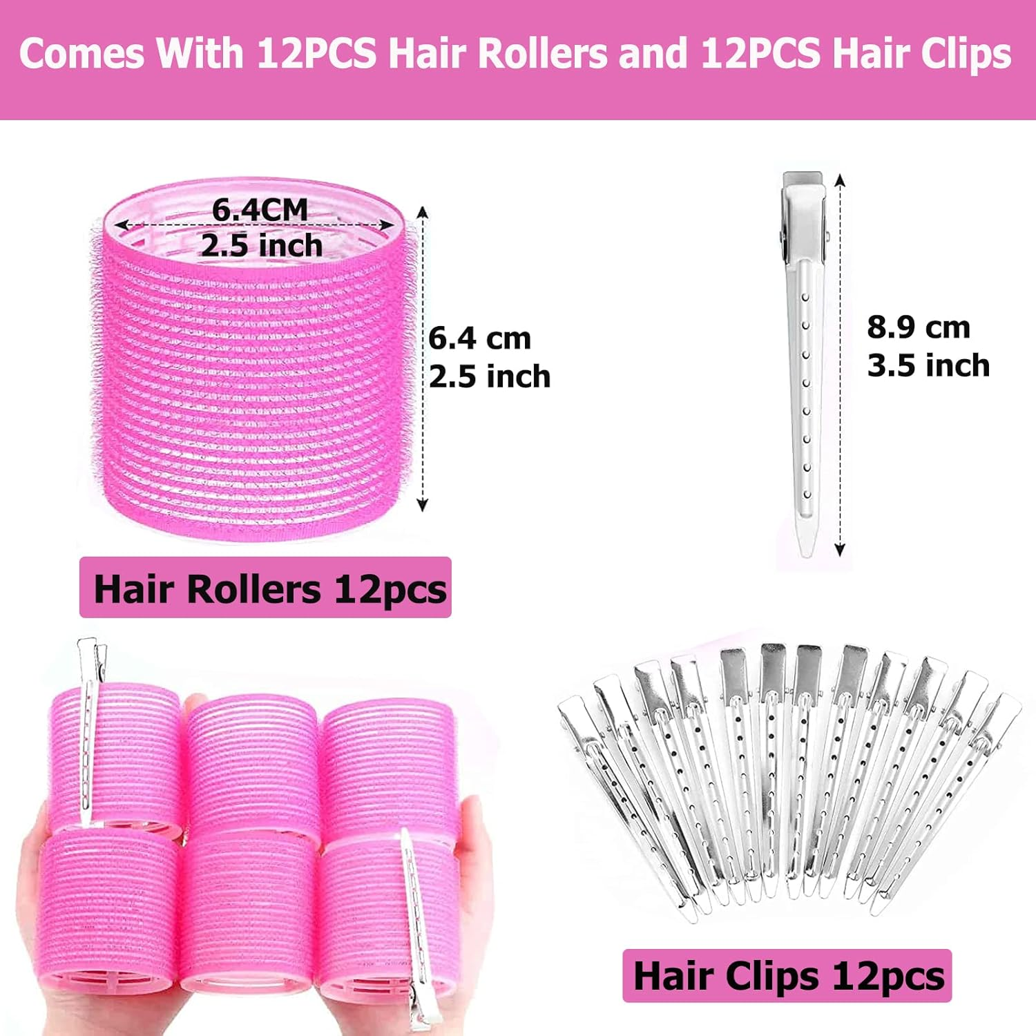 Curlers Large Curls 24 Pieces, Curlers without Heat Self-Adhesive Adhesive Rollers, Jumbo Large Hair Rollers Hair Rollers 64 Mm with 12 Pieces Duck Beak Clips for Long Hair and Short Hair image number 3