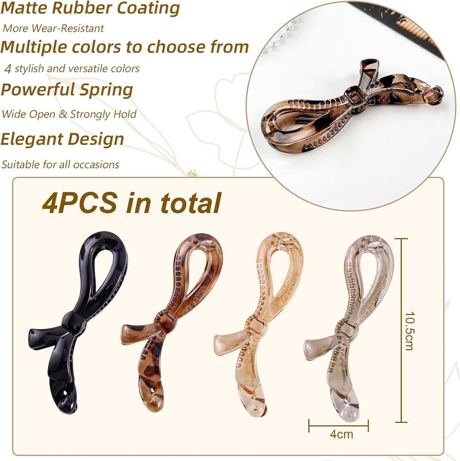 Ruzister 4 Pieces Banana Hair Clips for Women, Flat Hair Clips, Cute Bows Hair Clips, French Hair Pins, Banana Clip for Thick and Thin Hair image number 4