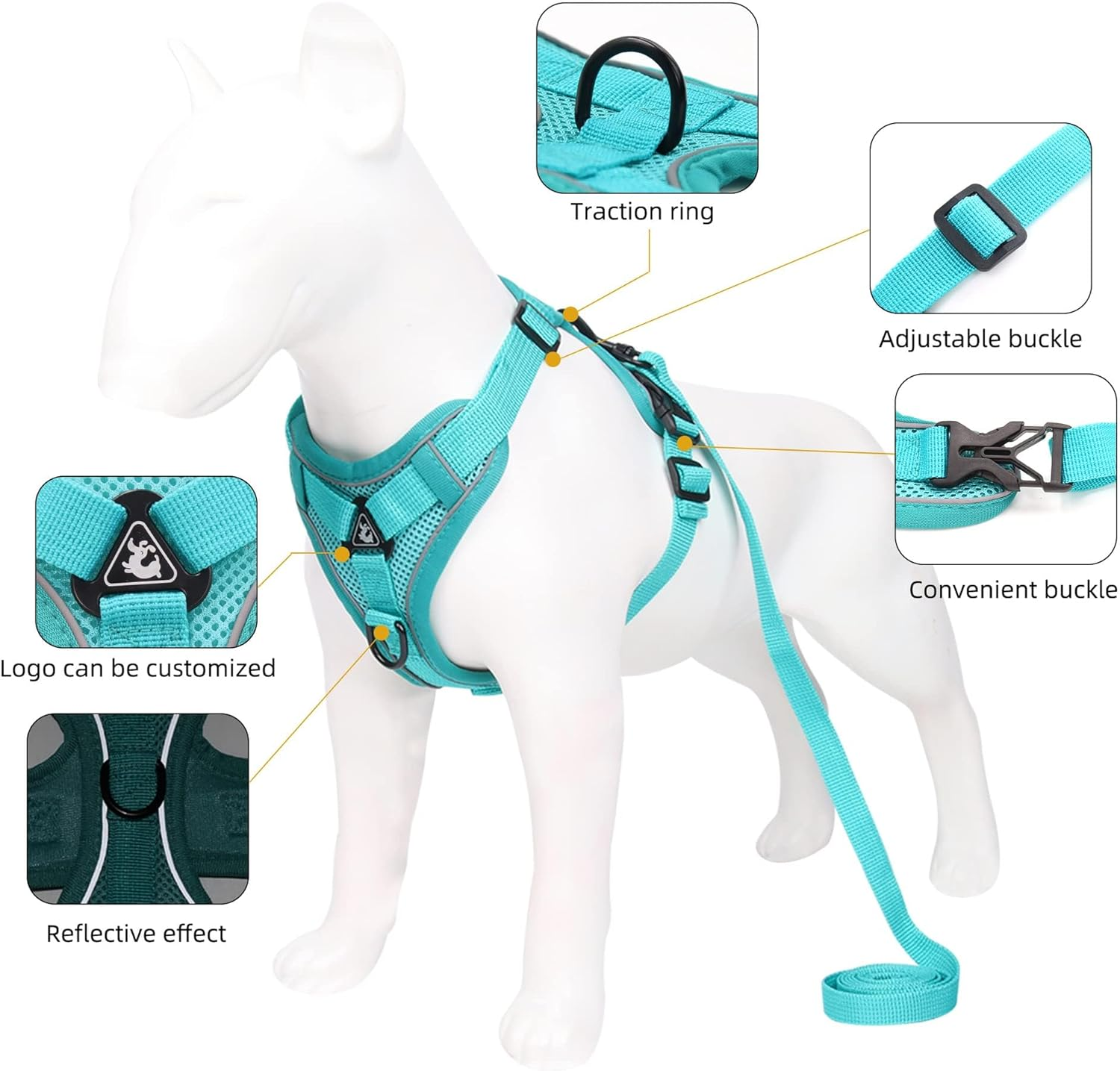 Air-Mesh Breathable Chest Harness, Dog Harness with Lead, Soft, Adjustable, Reflective, Anti-Pull Dog Harness, Adjustable Puppy Harness for Medium, Small, Large Dogs (XL) image number 5