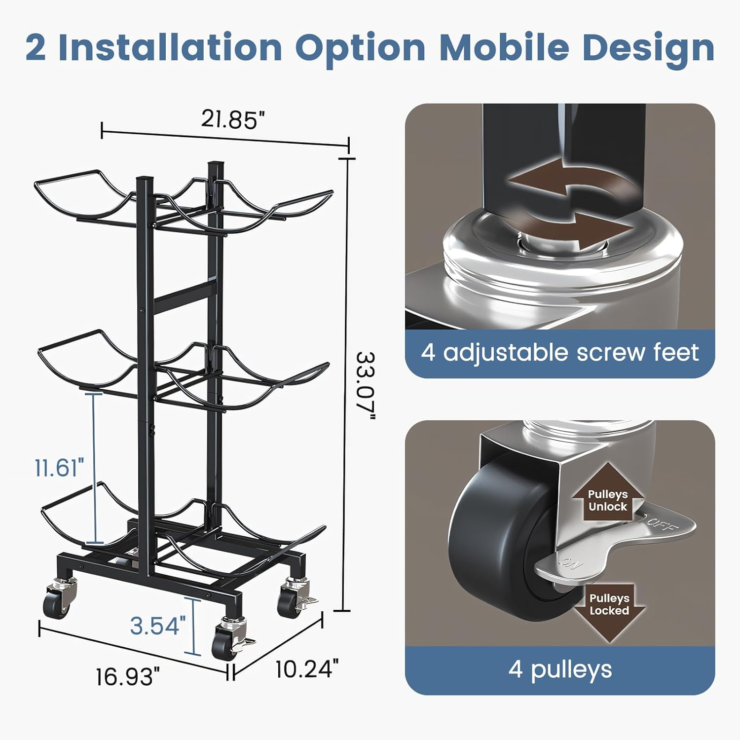 5 Gallon Water Jug Holder with 4 Wheels, 3-Tier Movable Water Bottle Rack Heavy Duty Foldable Water Jug Stand Water Bottle Holder Water Cooler Jug Storage Rack for 6 Bottles image number 2