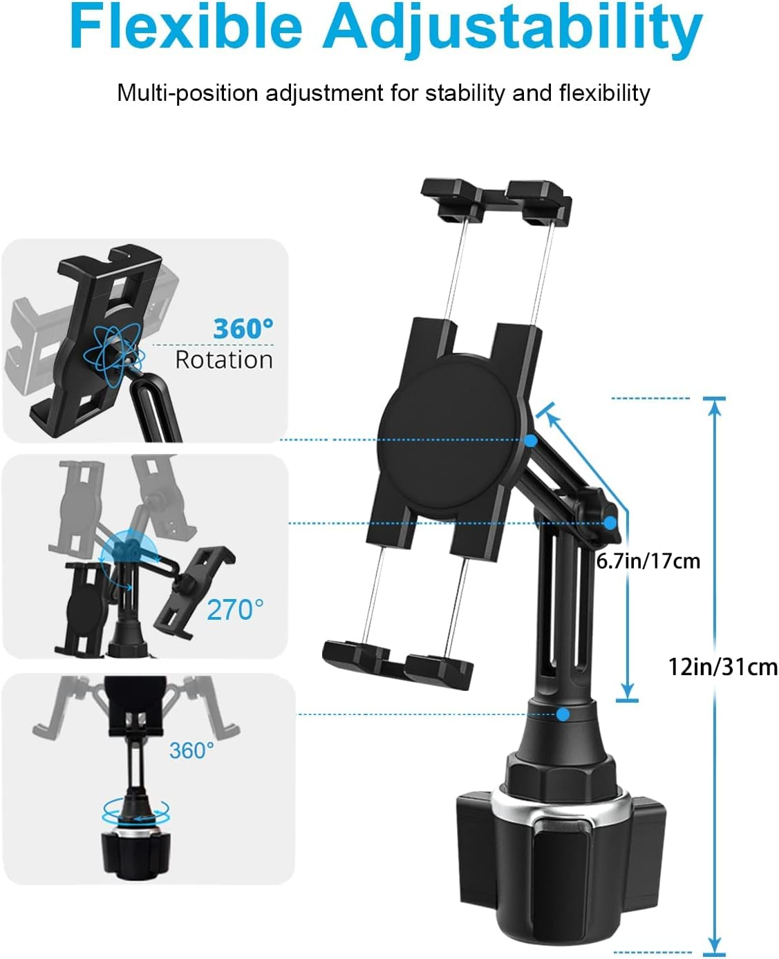 Woleyi Cup Holder Tablet Mount, Car/Truck Cupholder Phone Ipad Holder Stand with Adjustable Arm for Ipad Pro 9.7, 11, 12.9/Air/Mini, Samsung Galaxy Tabs, Iphone, More 4-13" Cell Phones and Tablets image number 5
