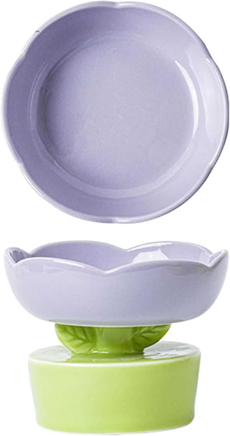 Ceramic Raised Cat Bowl Cute Flower Shape Neck Spine Protecting Raised Pet Food Bowl Pet Feeder Bowl for Cats anti Vomit Cat Bowls for Indoor Cats-Purple image number 2