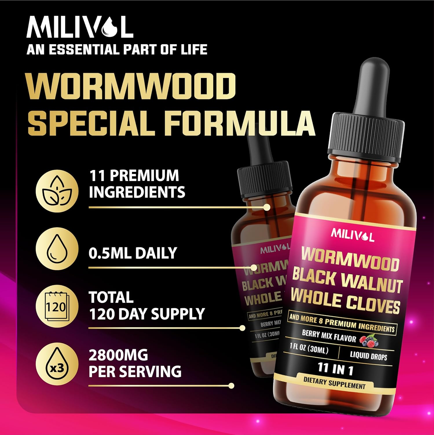 [2 Packs of 1Fl Oz 11In1 Liquid Drops Black Walnut Wormwood Tincture Extract with Whole Cloves, Berberine and 8 More - 4 Months Supply - Berry Mix Flavor image number 2