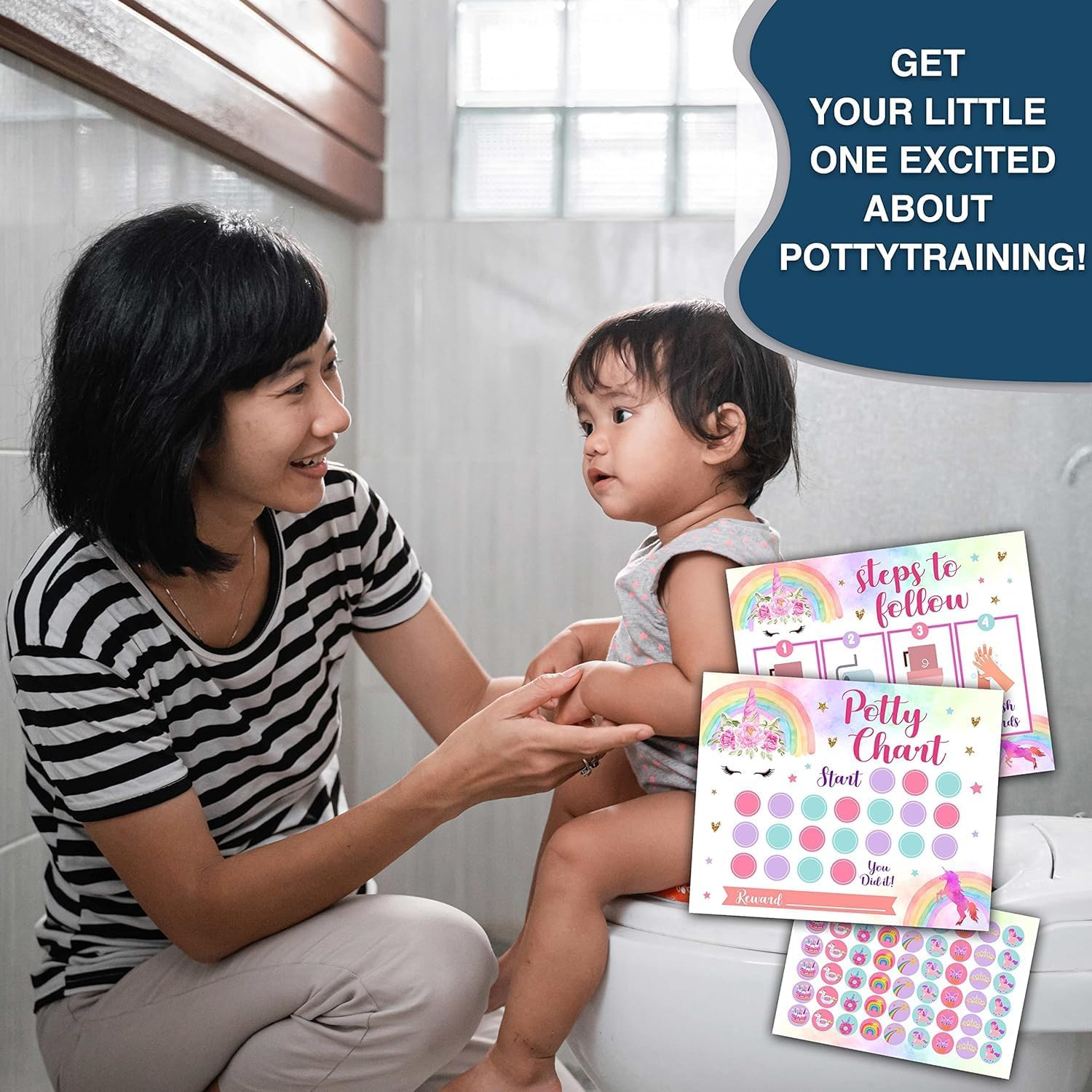 Unicorn Potty Training Rewards Sheet with Stickers - Potty Training Stickers Pictured Are Girls and Boys, Potty Training Rewards Pictured Are Children, Potty Training Rewards Pictured Are Children image number 3