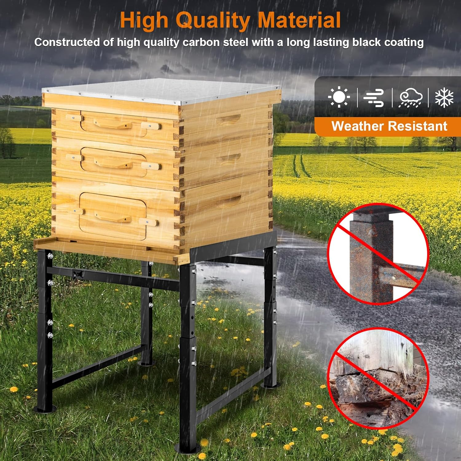 Adjustable Metal Bee Hive Stand, Sturdy Beehive Stand for 8/10 Frame Beehive Box, Easy to Assemble Bee Stand for Beekeeping with round Base image number 1