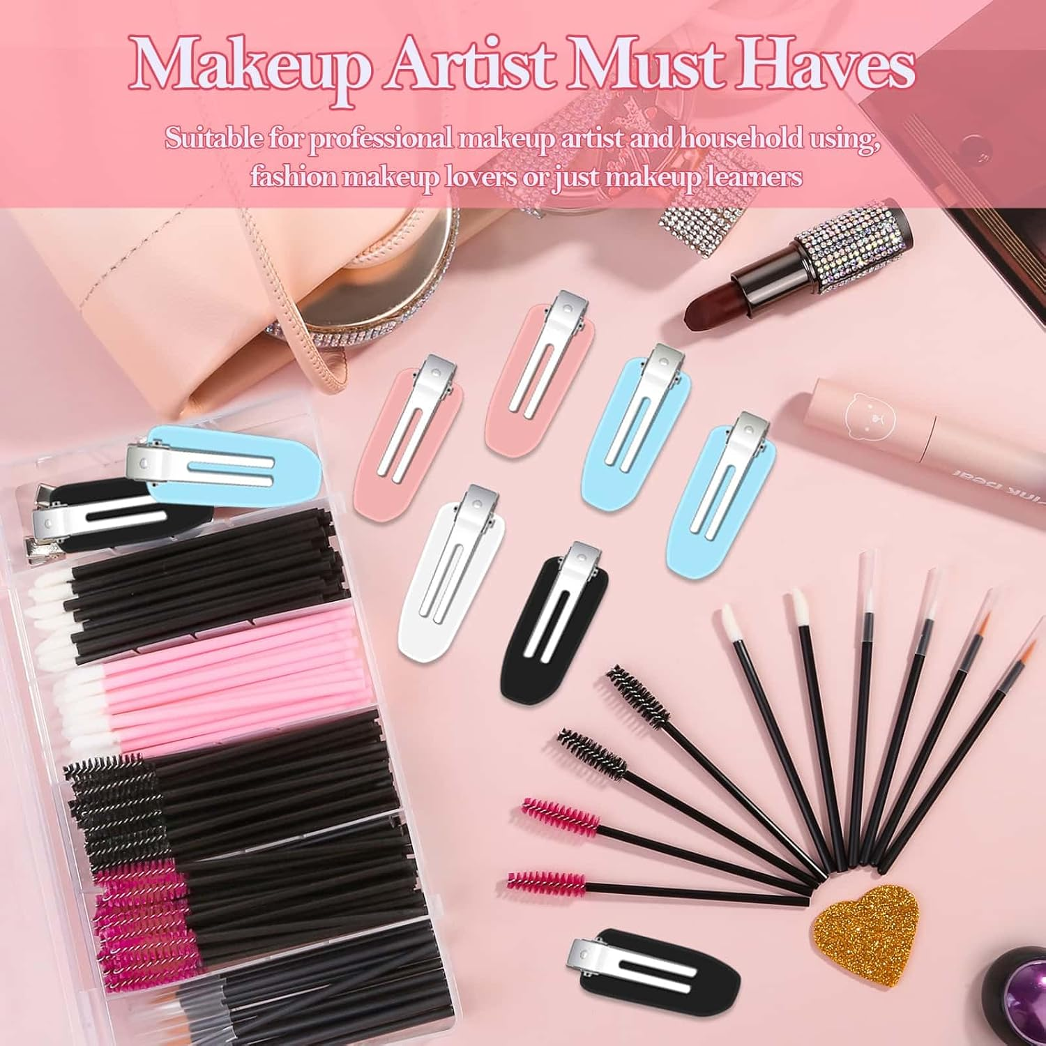 Disposable Makeup Applicators Kit with Triangle Puff Mixing Palette, Artist Supplies Disposable Mascara Wands, Lip Brushes, Hair Clips Powder Puffs for Face with Storage Box - White image number 3