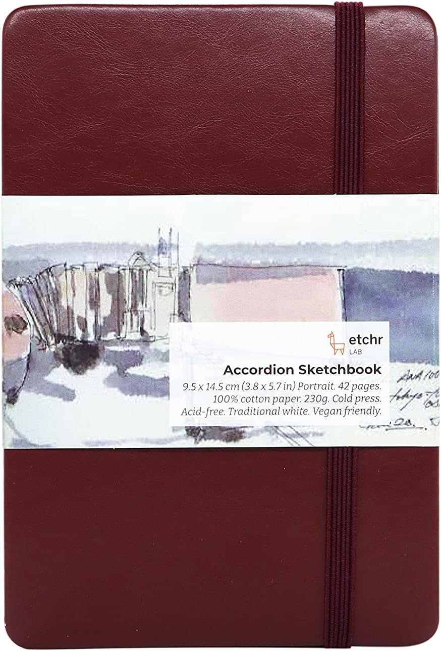 Etchr Watercolor Sketchbook Accordion 5X8In - 100% Cotton Watercolor Paper Journal - Hot Press Watercolor Paper