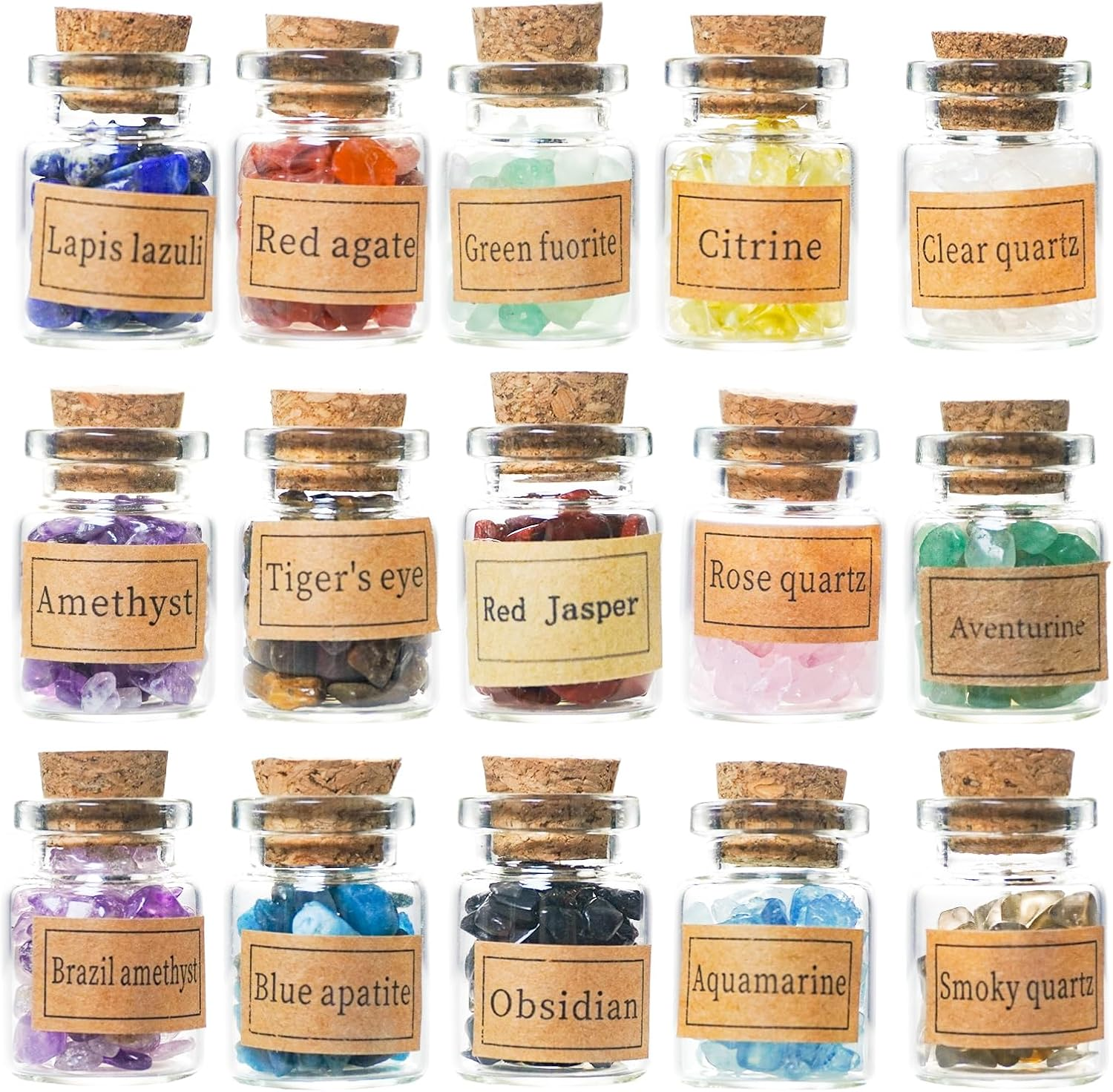 9PCS Crystal Gemstone Bottles Set, Healing Crystal Tumbled Stones Collection Kit, Mini Natural DIY Craft Quartz Gravel Wishing Bottle for Yoga, Reiki, Healing, Meditation, Chakra Balance