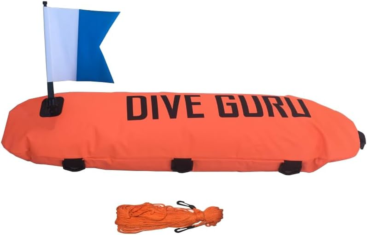 Spearfishing Float, Inflatable Dive Buoy, 80Cm X 25Cm, Orange with 20M Rope and Flag