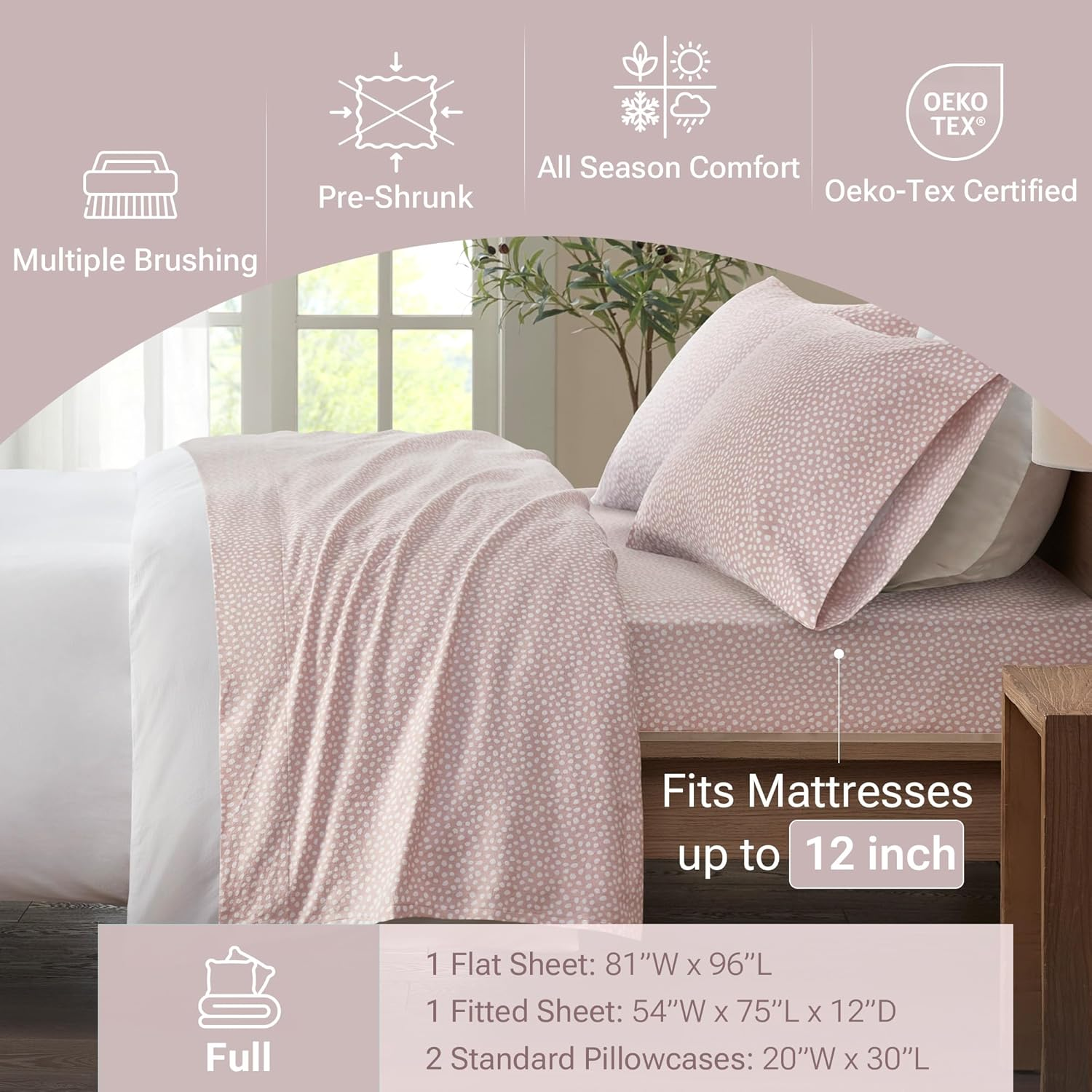 Sleep Philosophy True North Cozy Flannel Warm 100% Cotton Sheet - Novelty Print Animals Stars Cute Ultra Soft Cold Weather Bedding Set, Full, Blush Dots 4 Piece image number 6