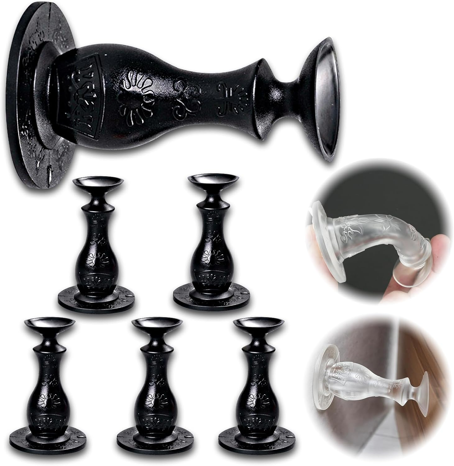 Silicone Door Stopper with Adhesive Base, 6 Pack No-Drill Installation Holder to Keep Open, 8.5 Cm Silent Design for Wall Baseboard Bathroom Bedroom (Black)