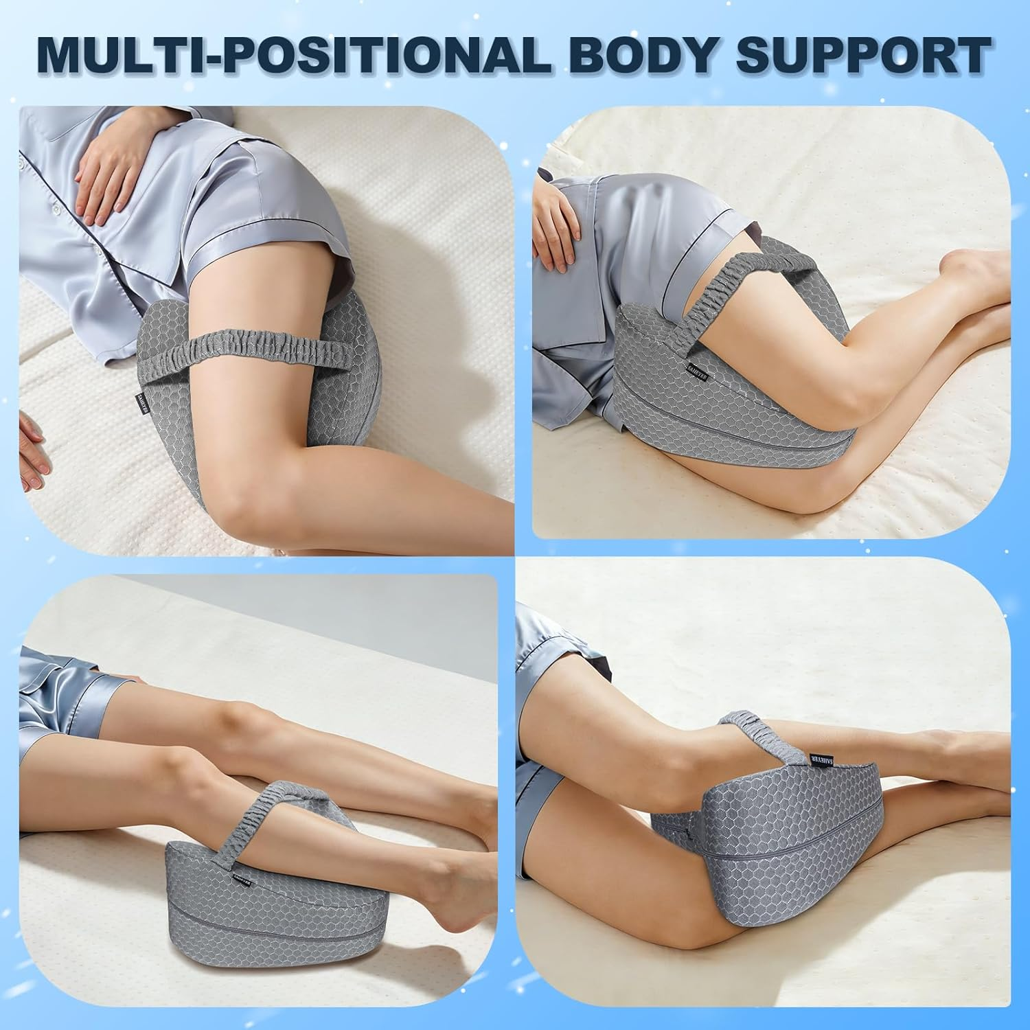Knee Pillow, Soft Memory Foam Leg Pillows, Cool Ice Silk Hip Support Pillow for Side Sleeper, Body Pillow for Spine Alignment, Sciatica Relief, Post Injury Recovery - with Adjustable Strap (Grey) image number 4