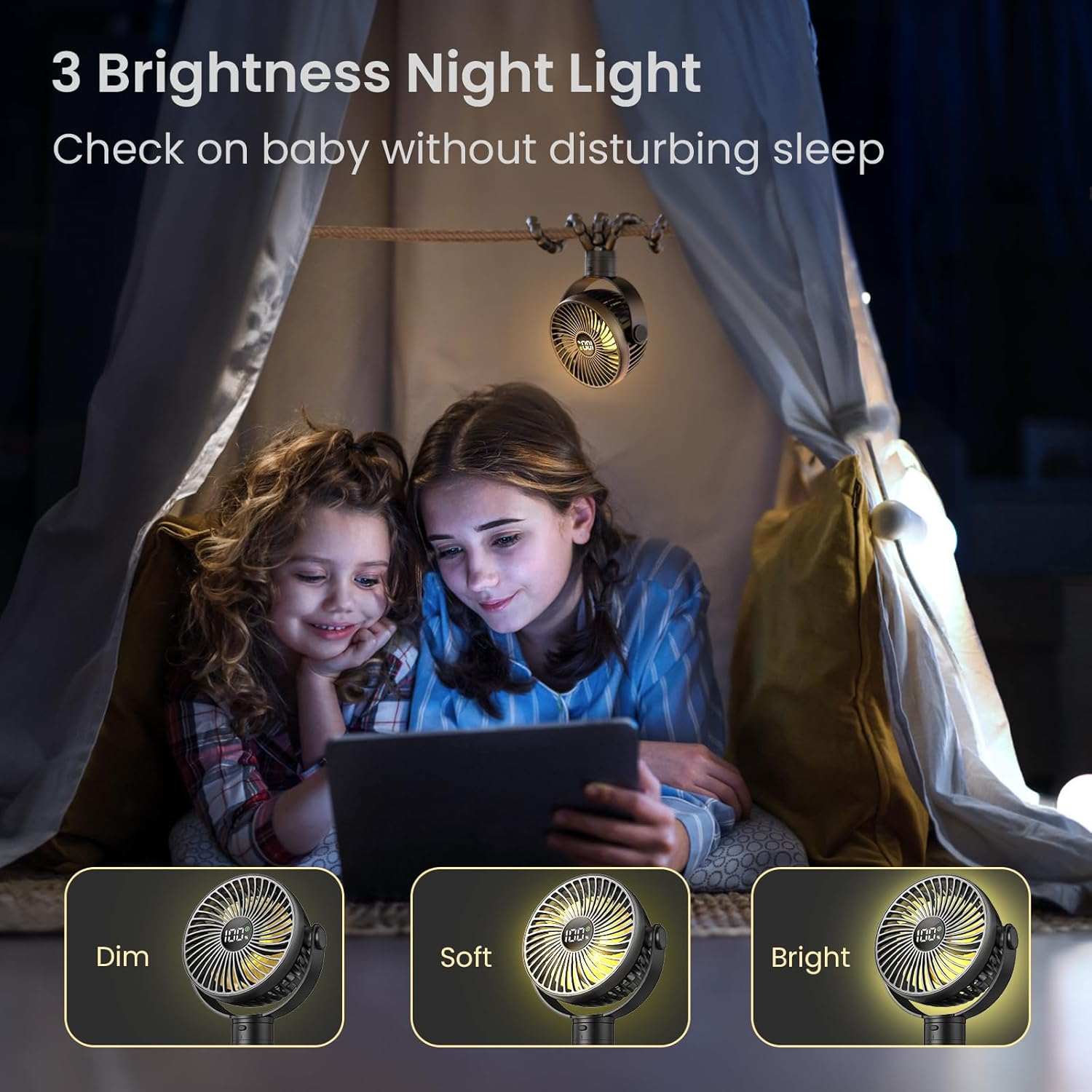 Tripole Portable Pram Fan 4000Mah Rechargeable Stroller Baby Fan 25H Battery Life, Head Detachable Mini Clip on Fans, 4 Speed Personal Desk Fans with Night Light for Car Seat Crib, Black image number 5