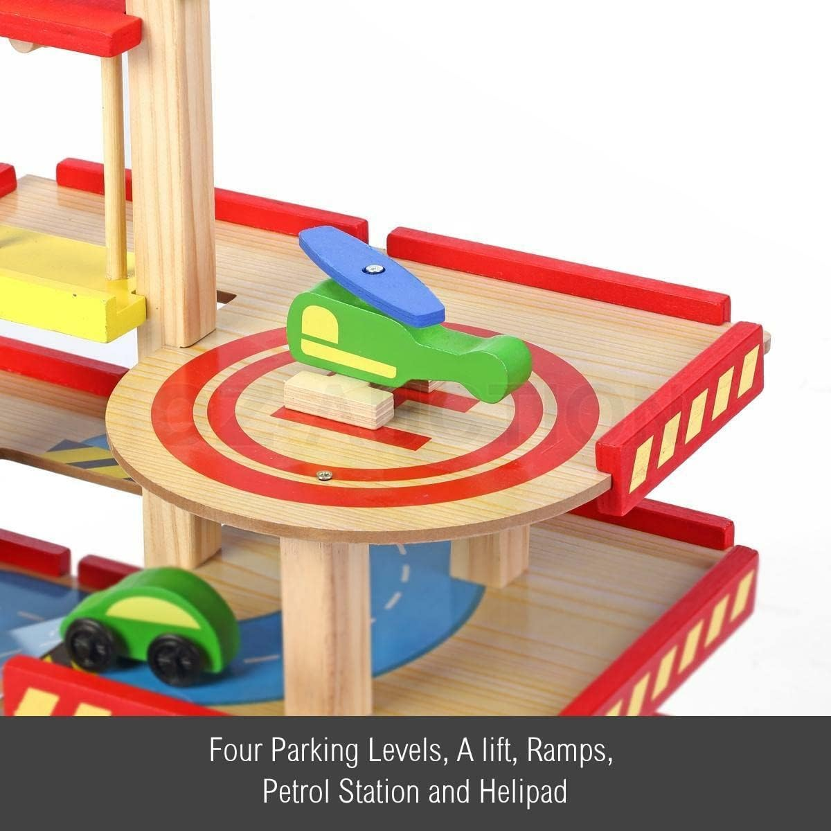 Kids Wooden Car Garage Premium Toy Car Park Car Ramp Car Parking Playset Colourful with 4 Levels Lift, Car&rsquo;S Car Wash, Petrol Station and Helicopter Pad image number 6