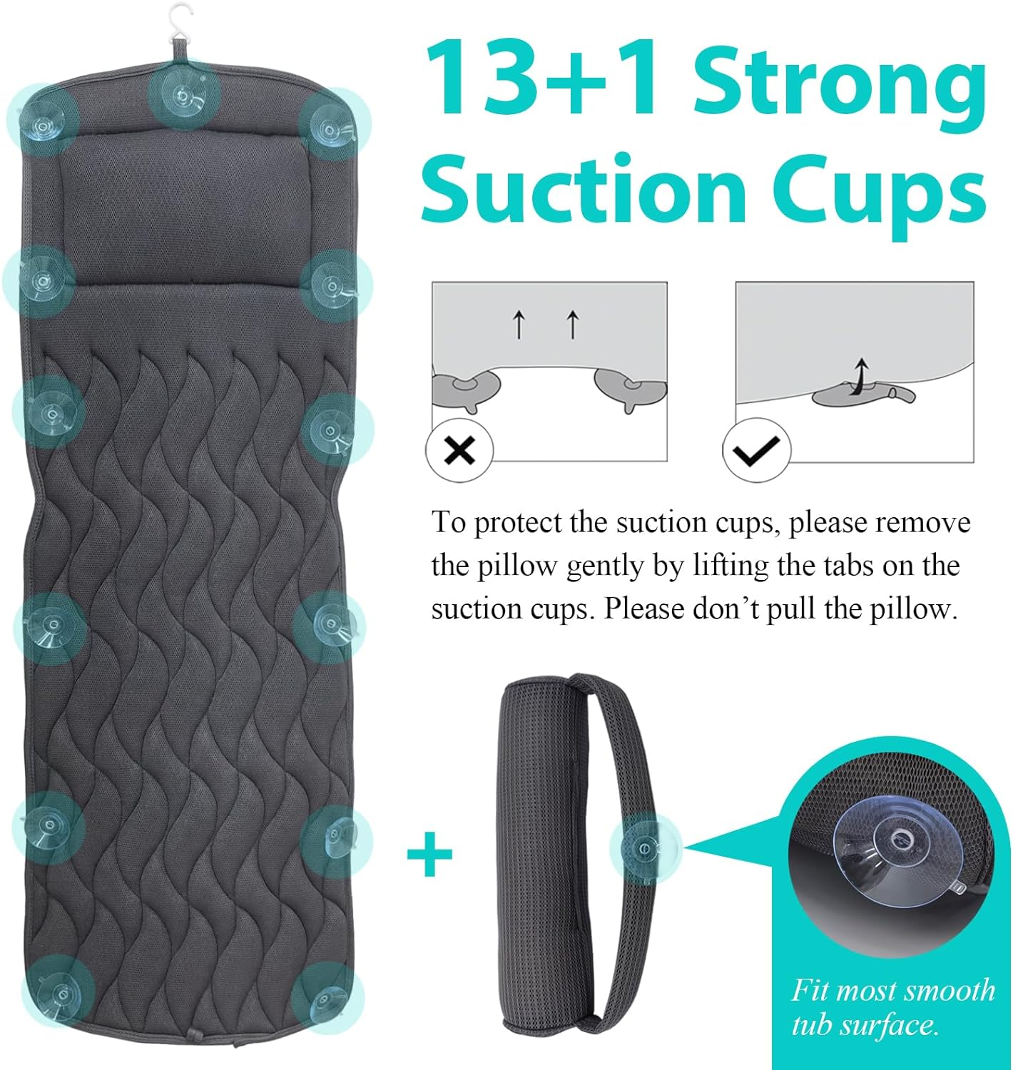Full Body Bath Pillow with Adjustable Lumbar Roll Pillow Bathtub Cushion with 14 Suction Cups 3D Air Mesh Fit Any Tub Gray Bathroom Accessories image number 6