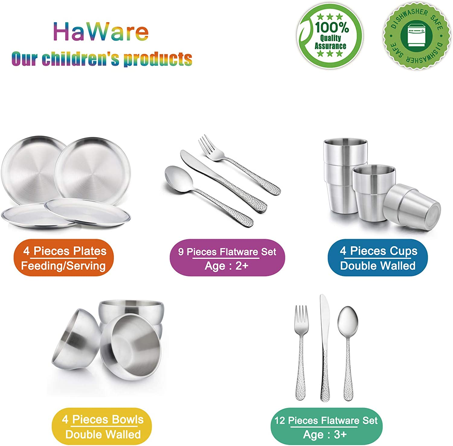 Haware Toddlers Kids 18/8 Stainless Steel Plates, Durable Metal 304 Feeding 8In Dishes for Serving/Snack/Camping, No Plastic and Dishwasher Safe - 4 Pack image number 5