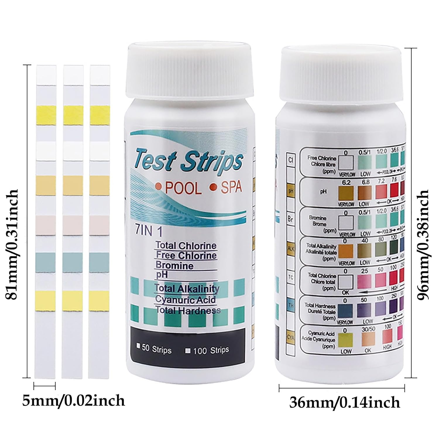 JUMXSRLE Pool and Spa Test Strips, 7 in 1 Quick Accurate Swimming, 100 Pool Test Kit - Hot Tub Test Strips & Pool Water Testing Strips for Ph Chlorine Bromine Hardness Alkalinity Cyanuric Acid image number 5