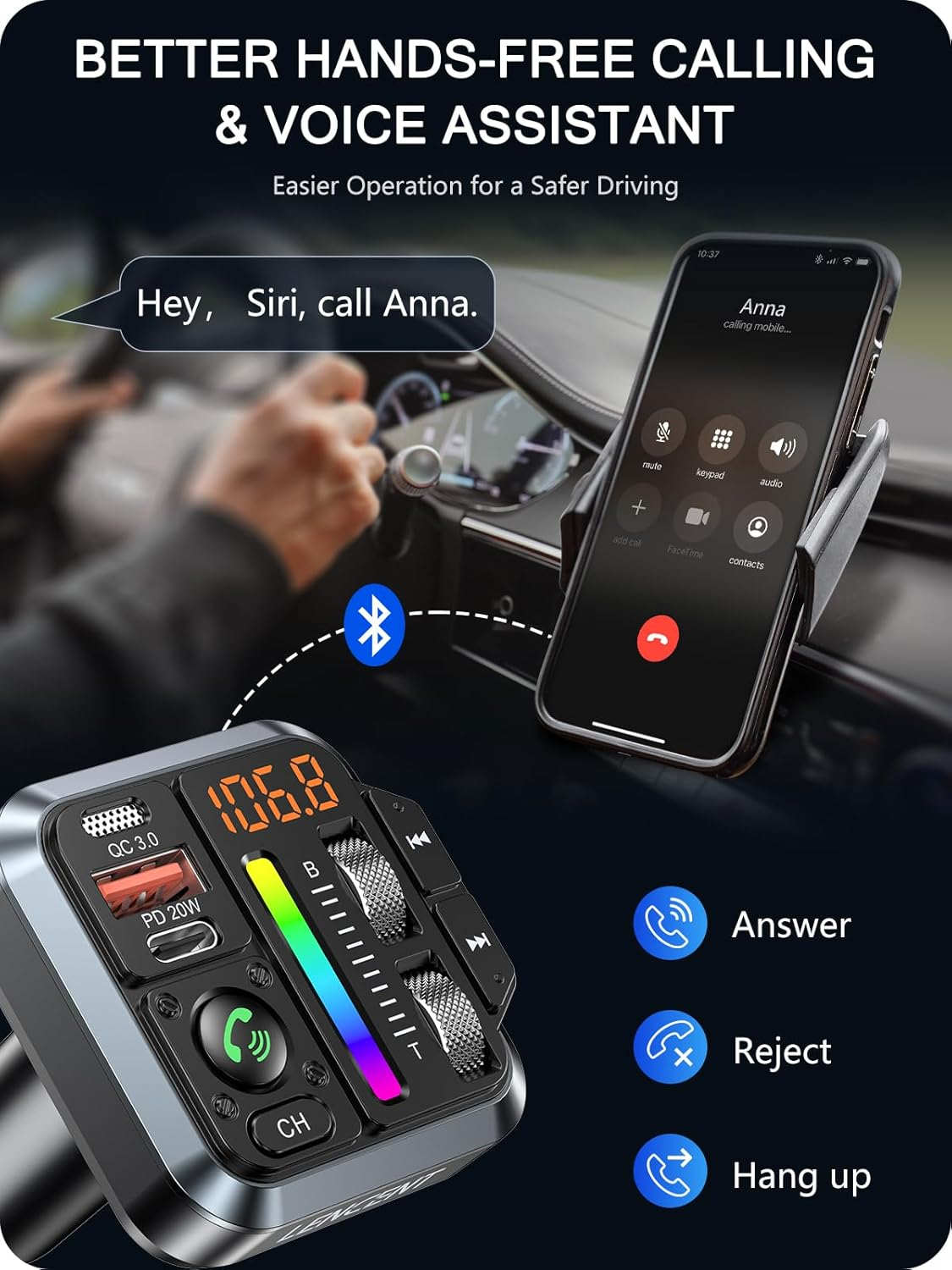 LENCENT Bluetooth 5.3 Car FM Transmitter, Adjustable Treble & Bass Sound Music Player Receiver, Wireless Radio Adapter with PD 20W & QC 3.0 Fast Charger, Hands-Free Calling, Siri Assistant image number 5