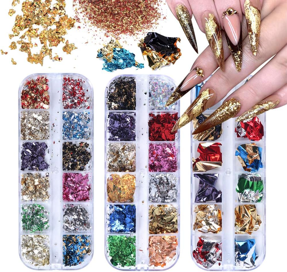 EBANKU 36 Color Holographic Nail Art Foil Flakes Laser Nail Glitter Paillette Chip for Nails Decorations Nail DIY Accessories Decals for Party Festival image number 3