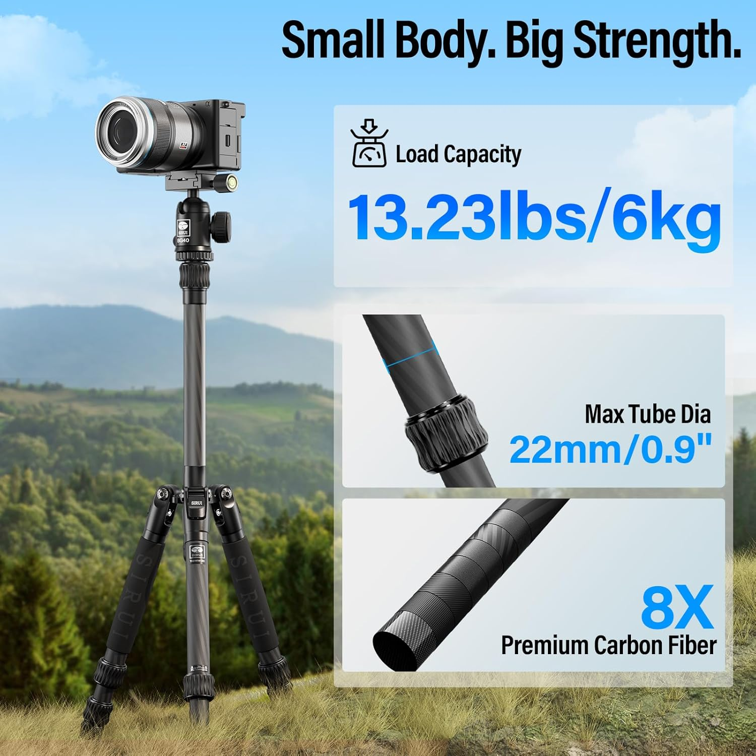 SIRUI Lightweight Carbon Fiber Travel Tripod, 6Kg Load Capacity Compact Camera Support with Carry Bag, Portable for DSLR Mirrorless Cameras, Max Height 54" for Hiking Vacation Vlogging image number 4