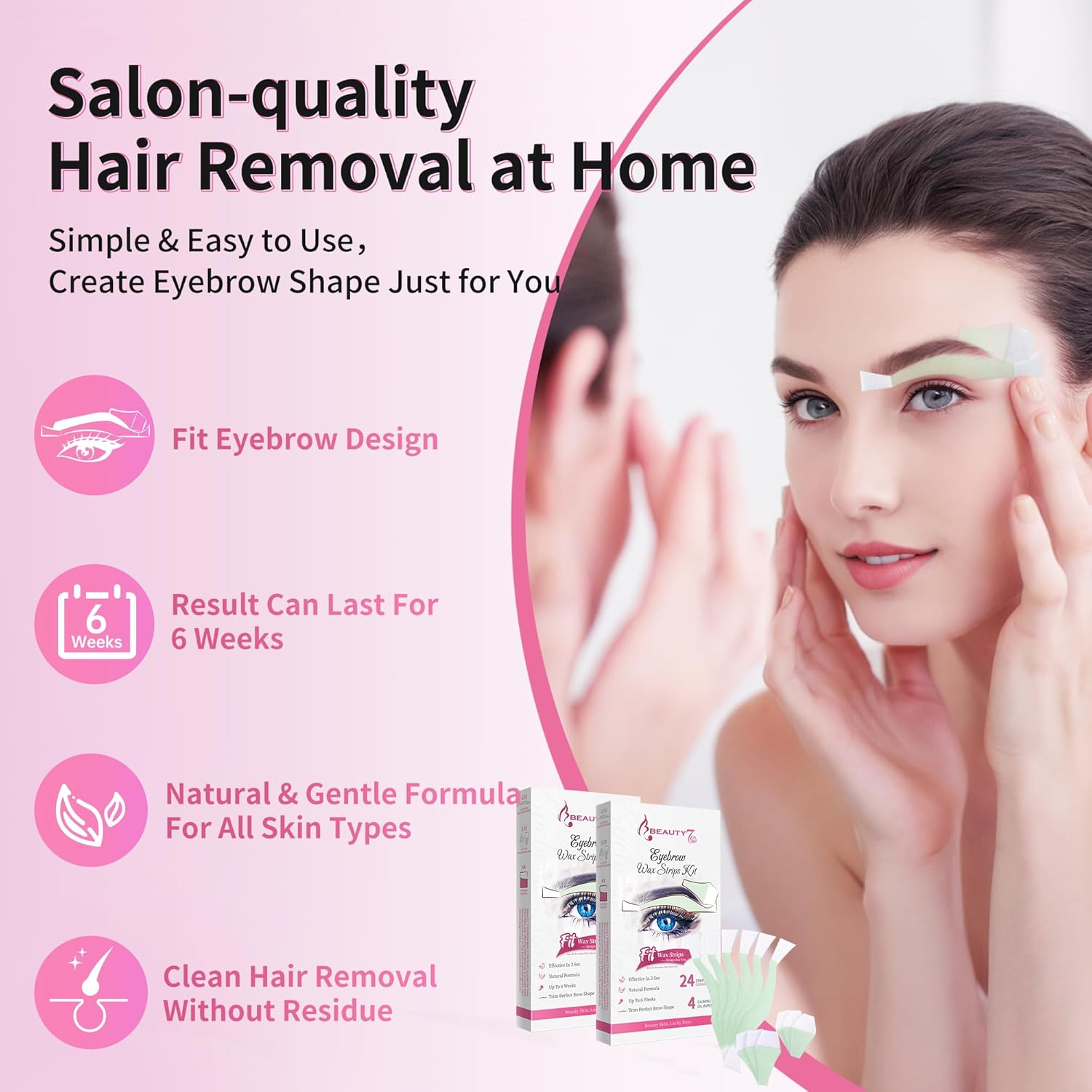 Beauty7 Wax Strips Kit for Sensitive Skin, Facial Hair Removal for Eyebrow, Lip, 24 Strips & 4 Calming Oil Wipes, at Home Waxing for Women (Pack of 2) image number 5