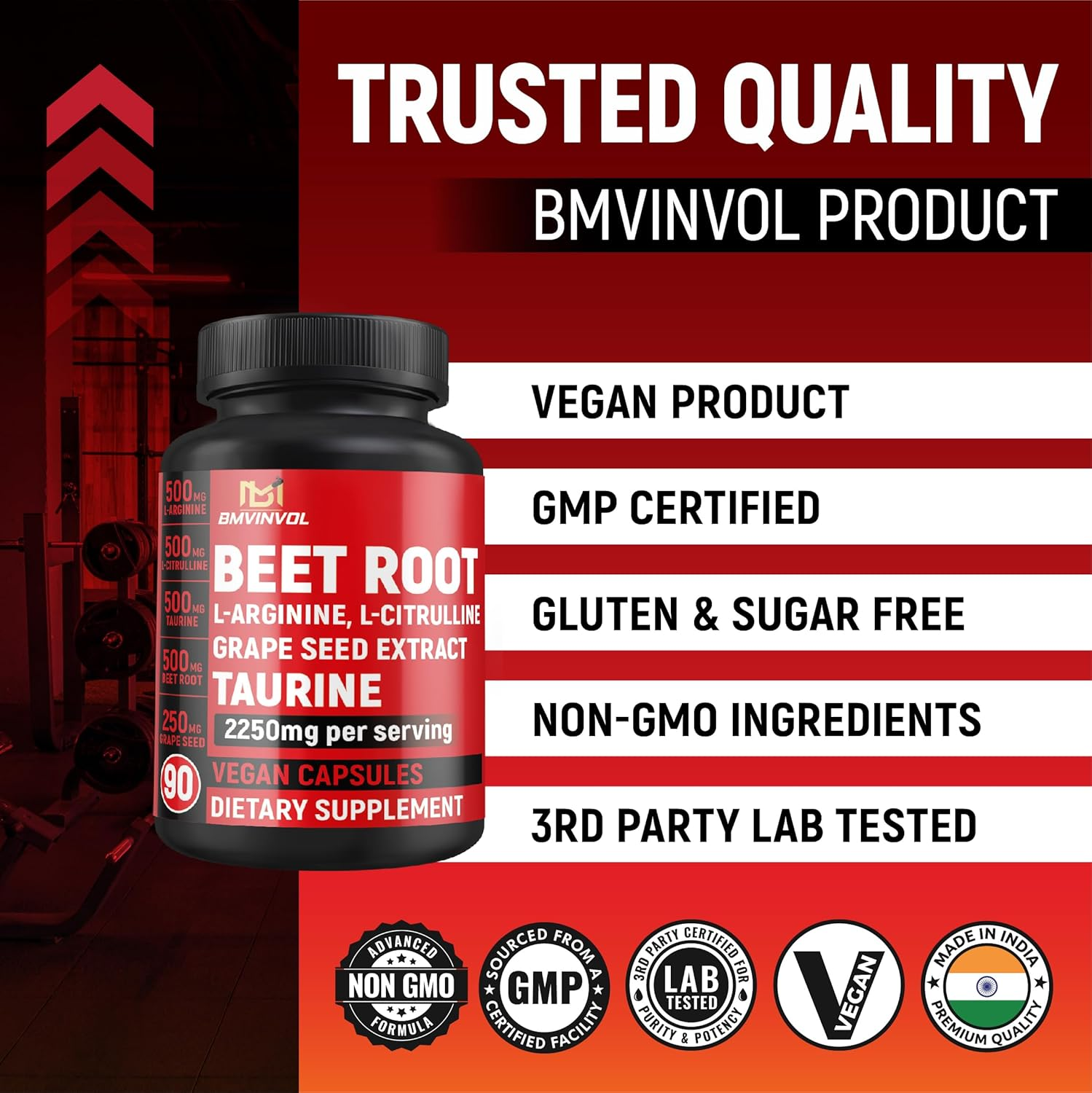 Beet Root Capsules L Arginine L Citrulline Taurine Grape Seed - Nitric Oxide Beetroot Powder - 90 Capsules Gluten Free and Non-Gmo image number 2