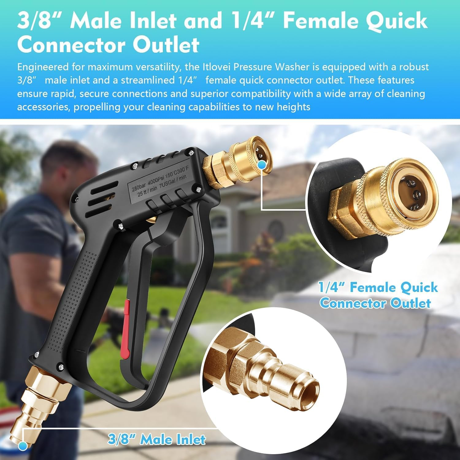 Foam Cannon Short Pressure Washer Gun 1/4 Inch Quick Connector, 1 Liter Car Wash Foam Gun with 5 Pressure Washer Nozzle Tips 3/8'' Swivel Quick Connector, Applicable to M22-14 Threaded Interface image number 6