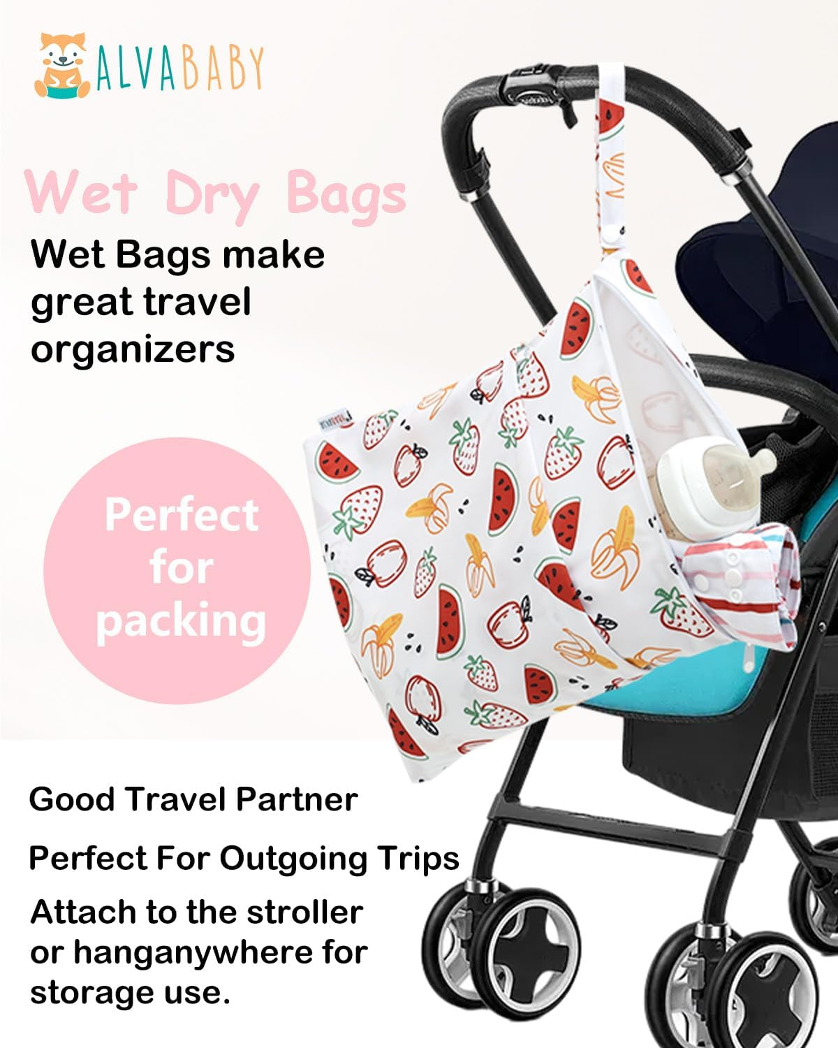 ALVABABY 3 Cloth Diaper Wet Dry Bags Waterproof Reusable with Two Zippered Pockets Travel Beach Pool Daycare Soiled Baby Items Yoga Gym Bag for Swimsuits or Wet Clothes Small Medium Large 3L-ZM27