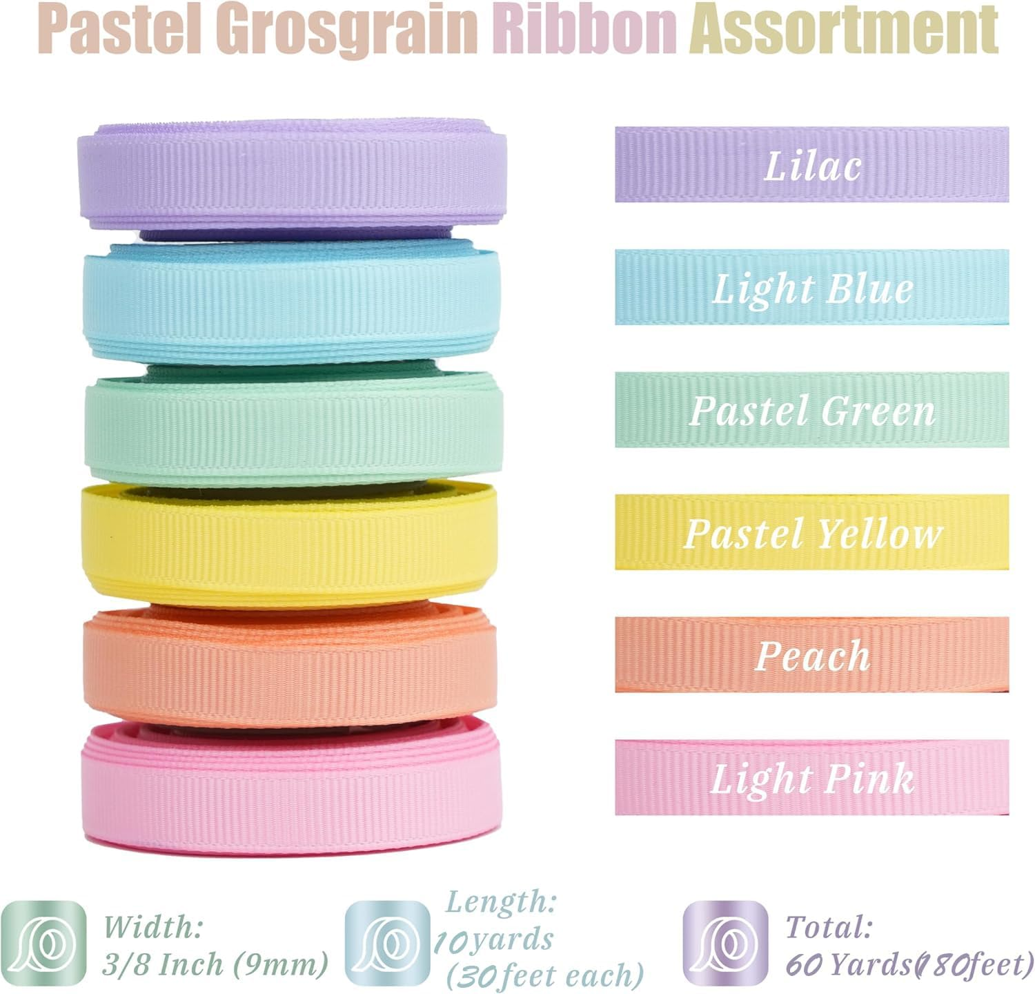 6 Rolls Pastel Ribbon, Pastel Rainbow Ribbon 3/8In Thin Grosgrain Ribbon Assortment, 60 Yards Pastel Colored Craft Ribbon for Crafts Easter Birthday Wedding Hair Bows image number 3