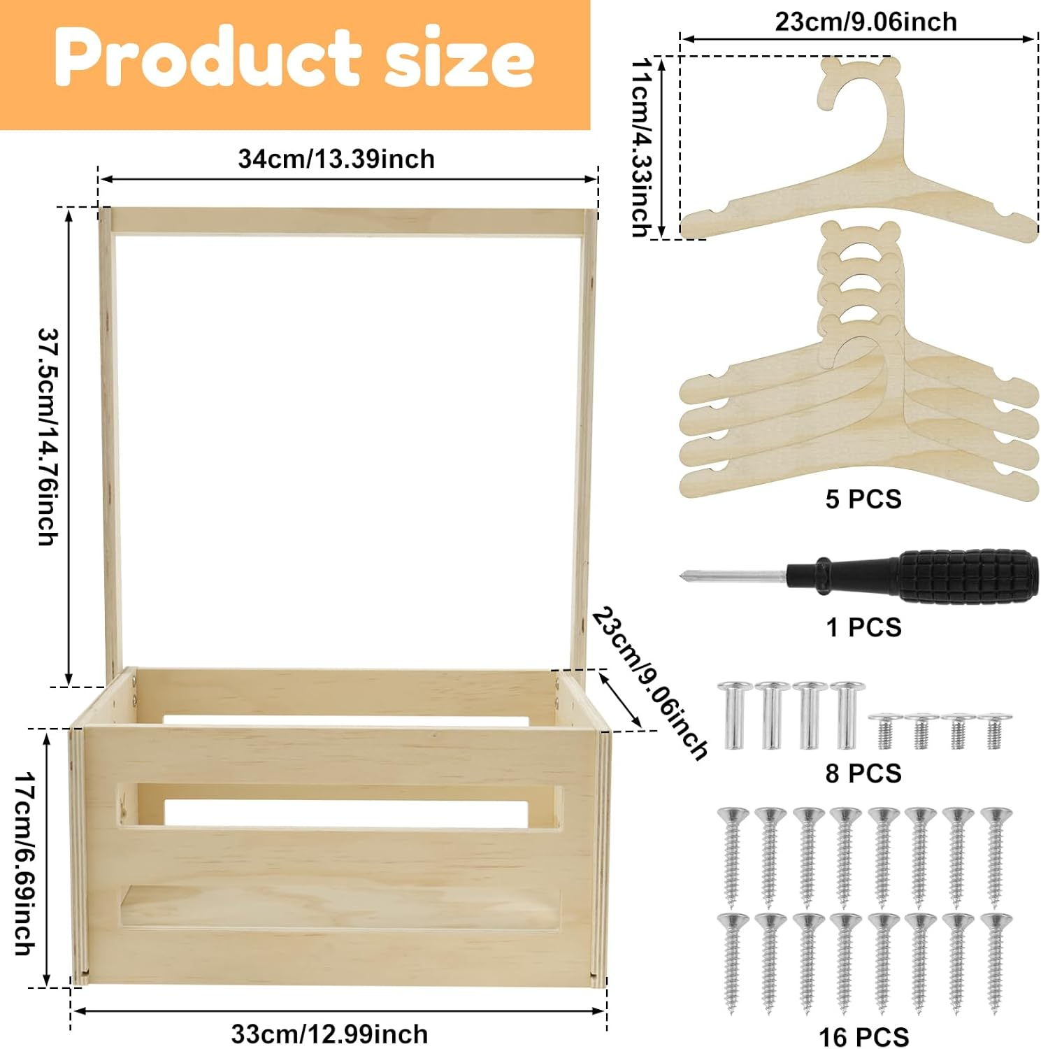 Rustic Wood Baby Storage Crate with 5 Hangers, Large Capacity, Portable Handle, Brown image number 3