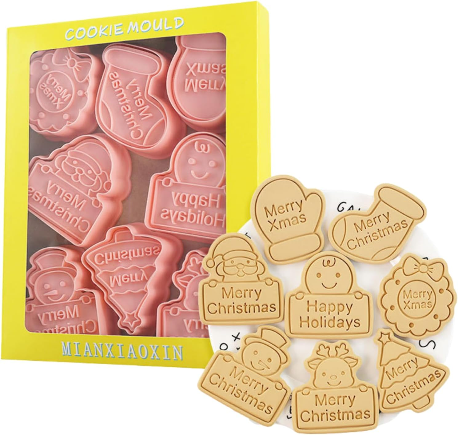 Christmas Cookie Cutters, 8Pcs 3D Pressable Christmas Cookie Stamps Set- Gingerbread Man, Christmas Tree, Snowman,Santa,Garland,Elk,Gloves,Socks,Merry Christmas image number 4