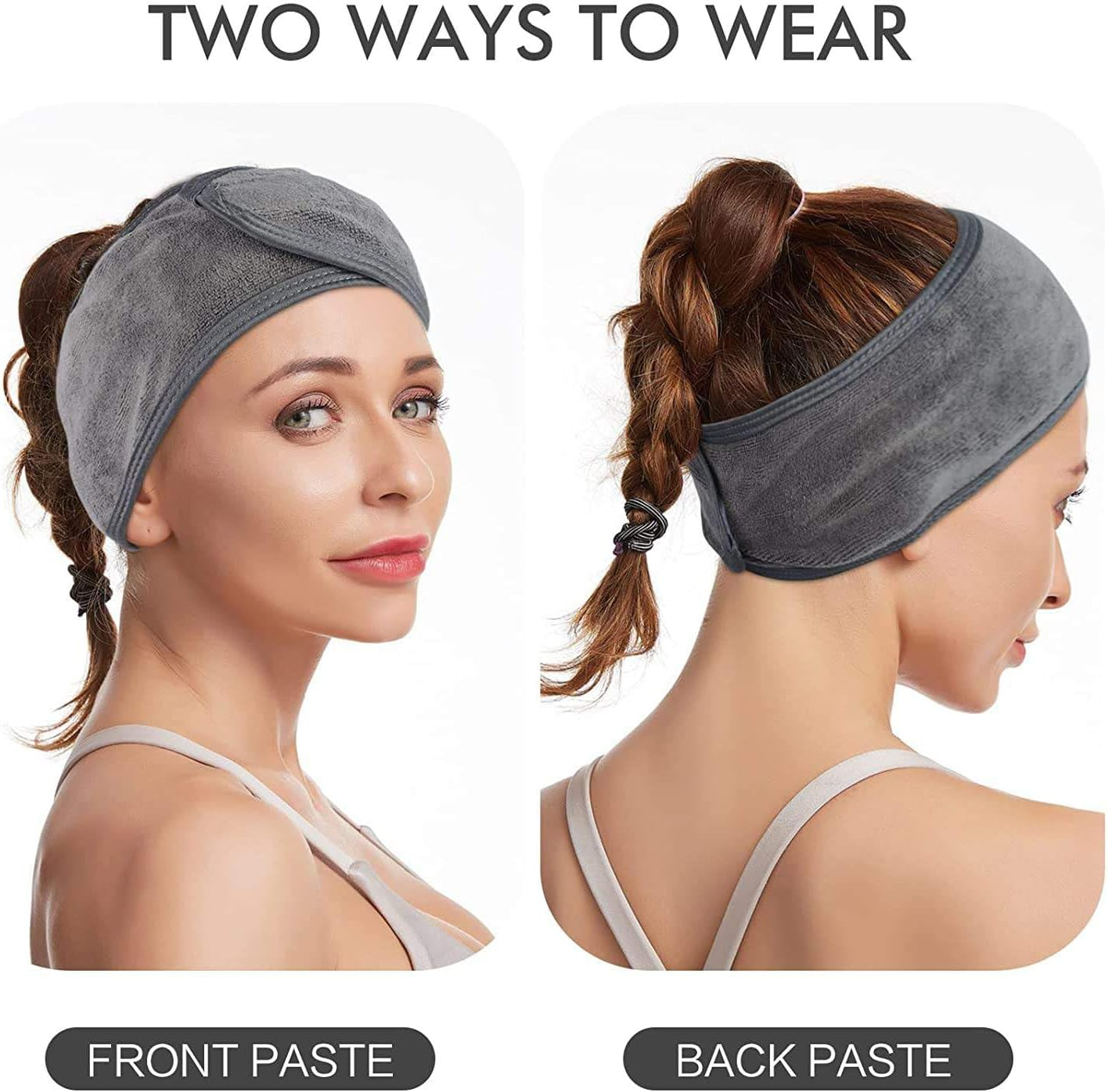 Spa Headband 3 Pack, Head Bands for Women, Soft Terry Cloth Head Wrap for Skincare, Makeup, Yoga, Gym, Shower, 60 X 8.5 Cm (White, Grey, Black) image number 4