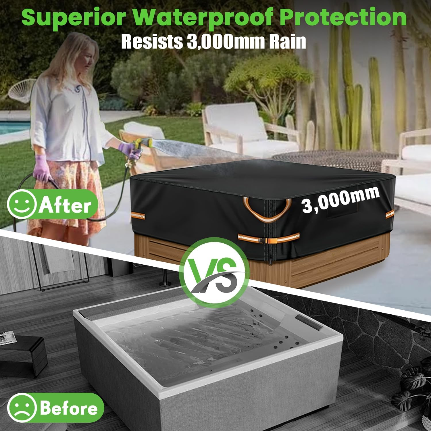 Hot Tub Cover Protector 600D Oxford Waterproof &ndash; Outdoor Square Spa Covers for Patio, Garden & Backyard, UV Resistant Dustproof Hot Tub Covers Replacement, Fits 220&times;220&times;30Cm image number 4