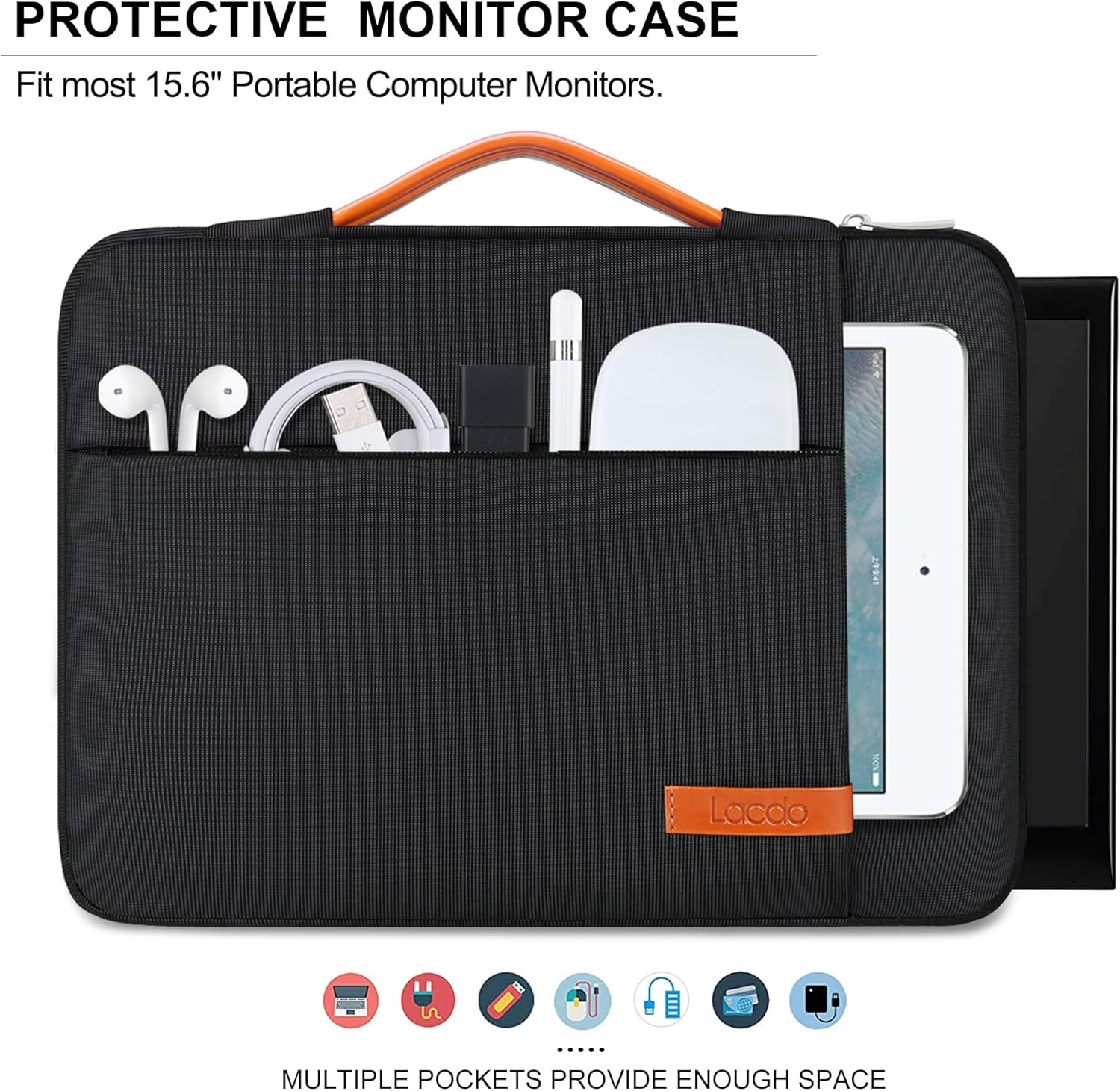 Lacdo 15.6 Inch Portable Monitor Case for Computer Laptop Display, External Monitors Protective Carrying Sleeve Bag with Accessory Pocket, Black