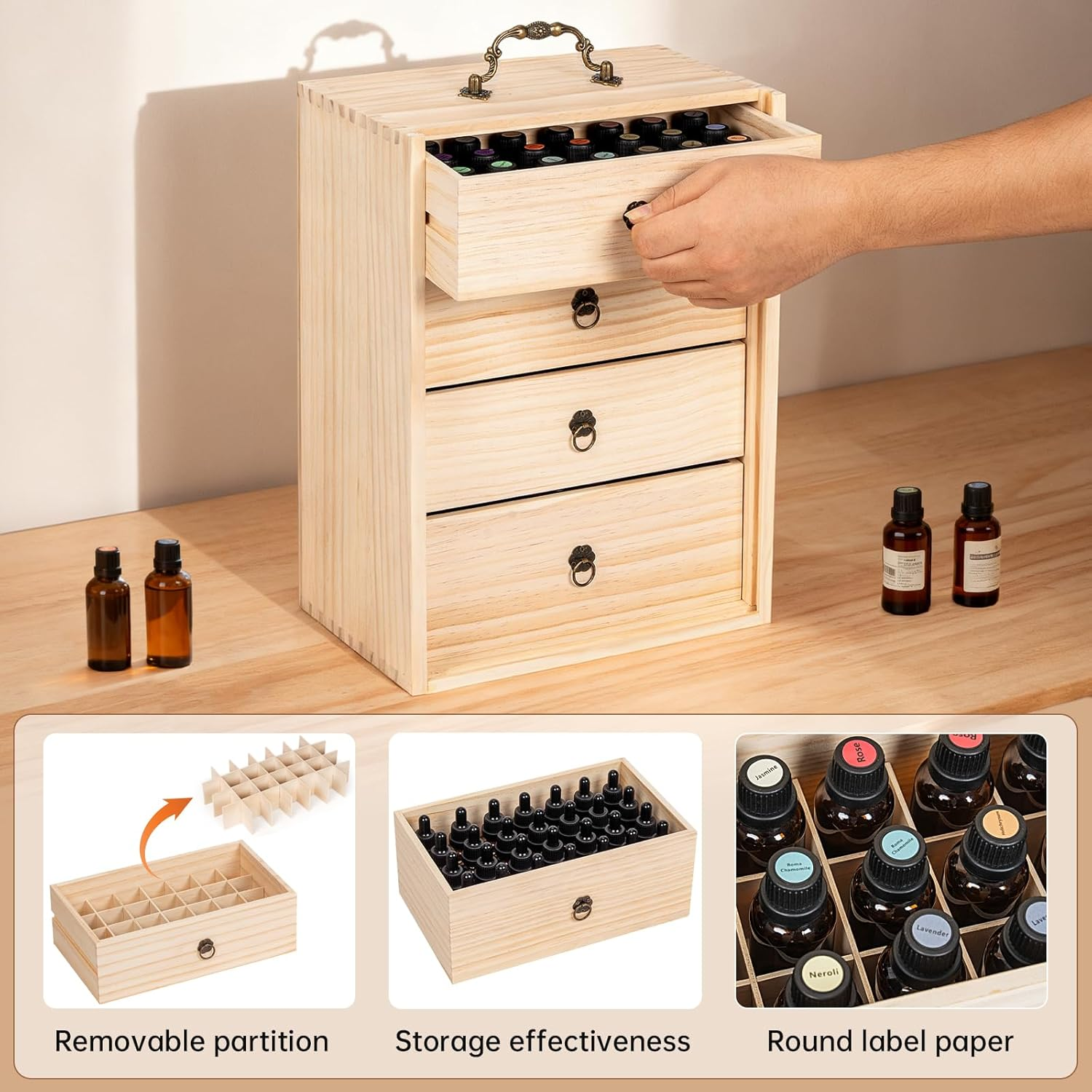 TORIBIO Essential Oils Box for 112 Bottles, Wooden Essential Oils Storage Organizer Holds 5 10 15 20 30 Ml for Young Living & Doterra Bottles image number 3