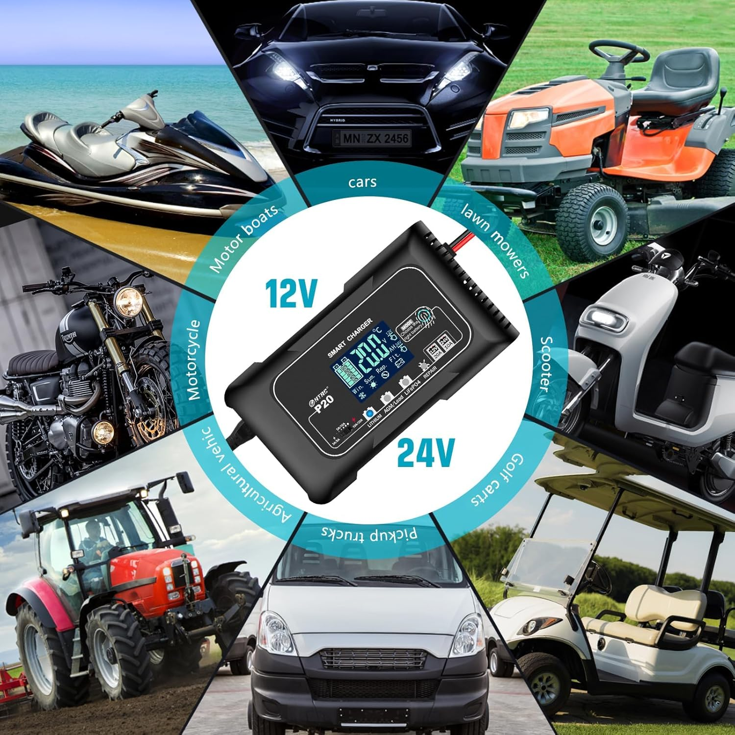 20-Amp Smart Battery Charger for Lithium Lifepo4 & Lead-Acid (Agm/Gel/Sla) Batteries &ndash; 12V/20A & 24V/10A Trickle Charger Maintainer for Car, Boat, Motorcycle, Lawn Mower, and Golf Cart image number 4