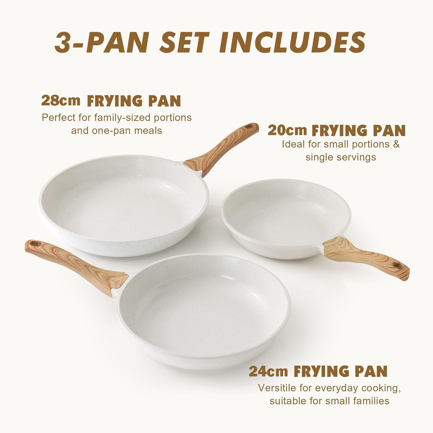 Lynn Jade Nonstick Frying Pan Skillets, White Ceramic Coating Omelette Pans, Healthy Cookware Chef'S Pan, Free of PTFE & PFAS (20+24+28Cm) image number 2