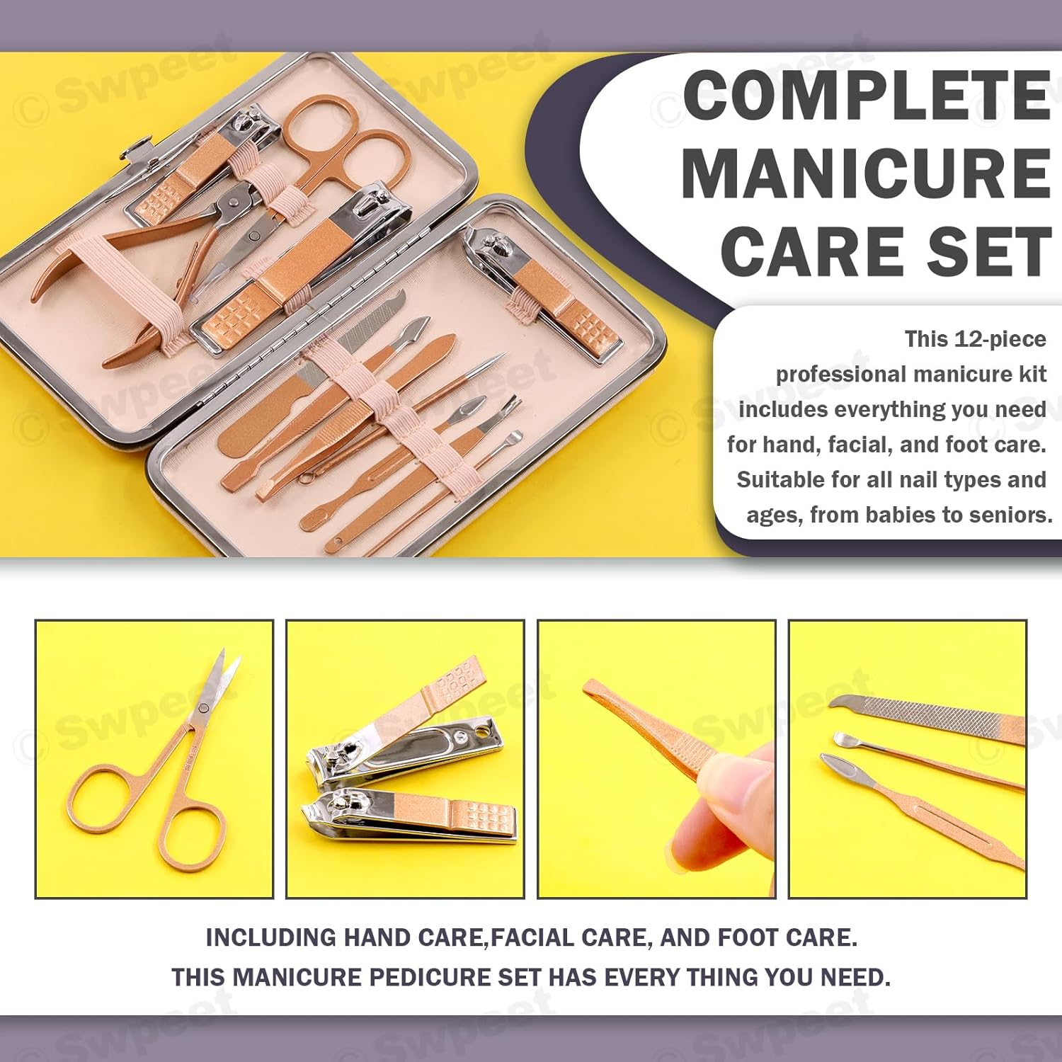 Swpeet 12Pcs Manicure Set, Nail Clippers Set, High Precisio Stainless Steel Nail Cutter Pedicure Kit Grooming Kit Manicure Fingernails, Toenails with Portable Stylish Case for Personal Care, Rose Gold image number 4