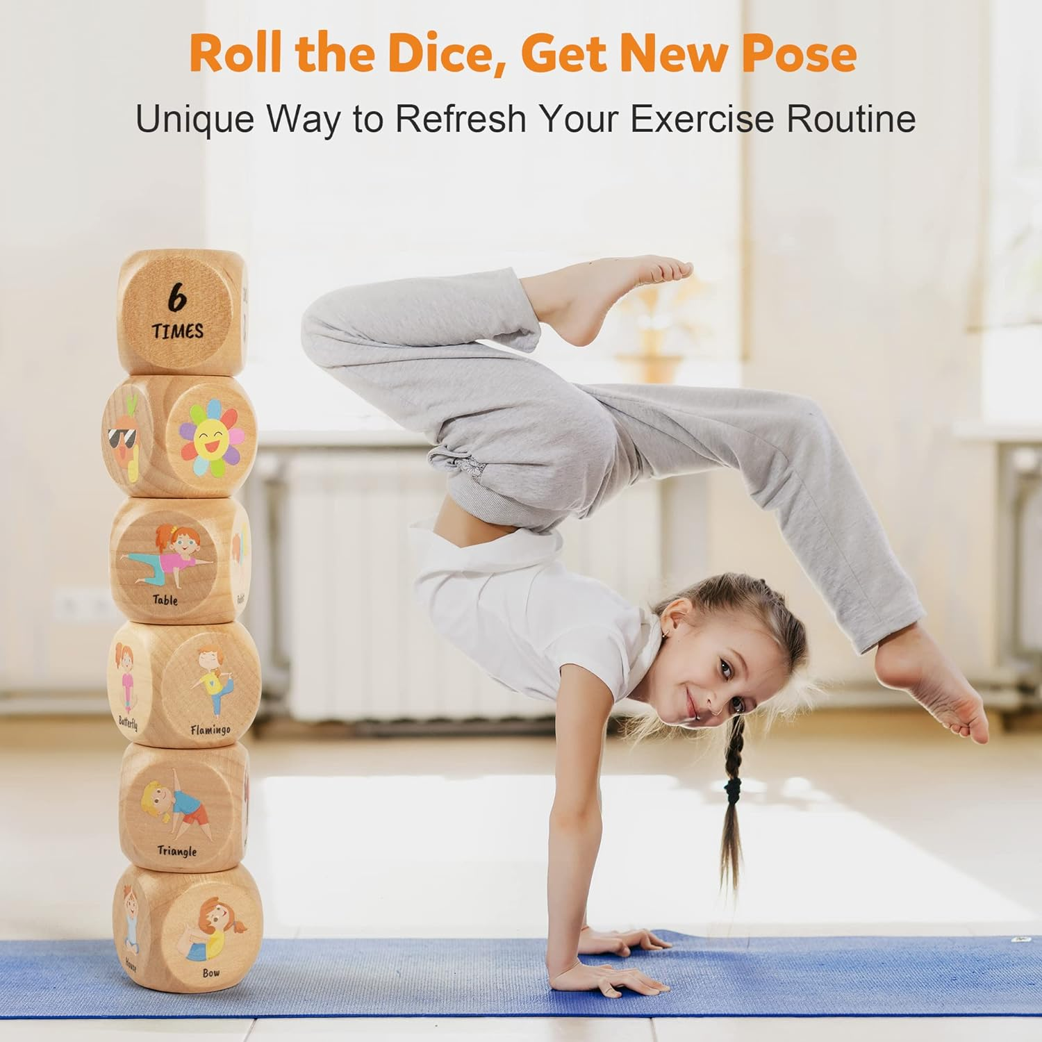 Homotte Wooden Kids' Exercise Dice Set - 6 Dice, 12 Yoga Cards & Gift Box - Fun Workout Game for Girls & Beginners image number 1