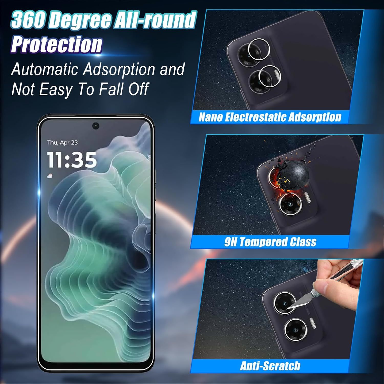 Wookfiss Screen Protector for Motorola Moto G35 5G for Tempered Glass, Pack of 2 Tempered Glass Screen Protectors + 2 Camera Screen Protectors, 9H Hardness, Anti-Scratch, Anti-Bubble, HD Clear Screen image number 4