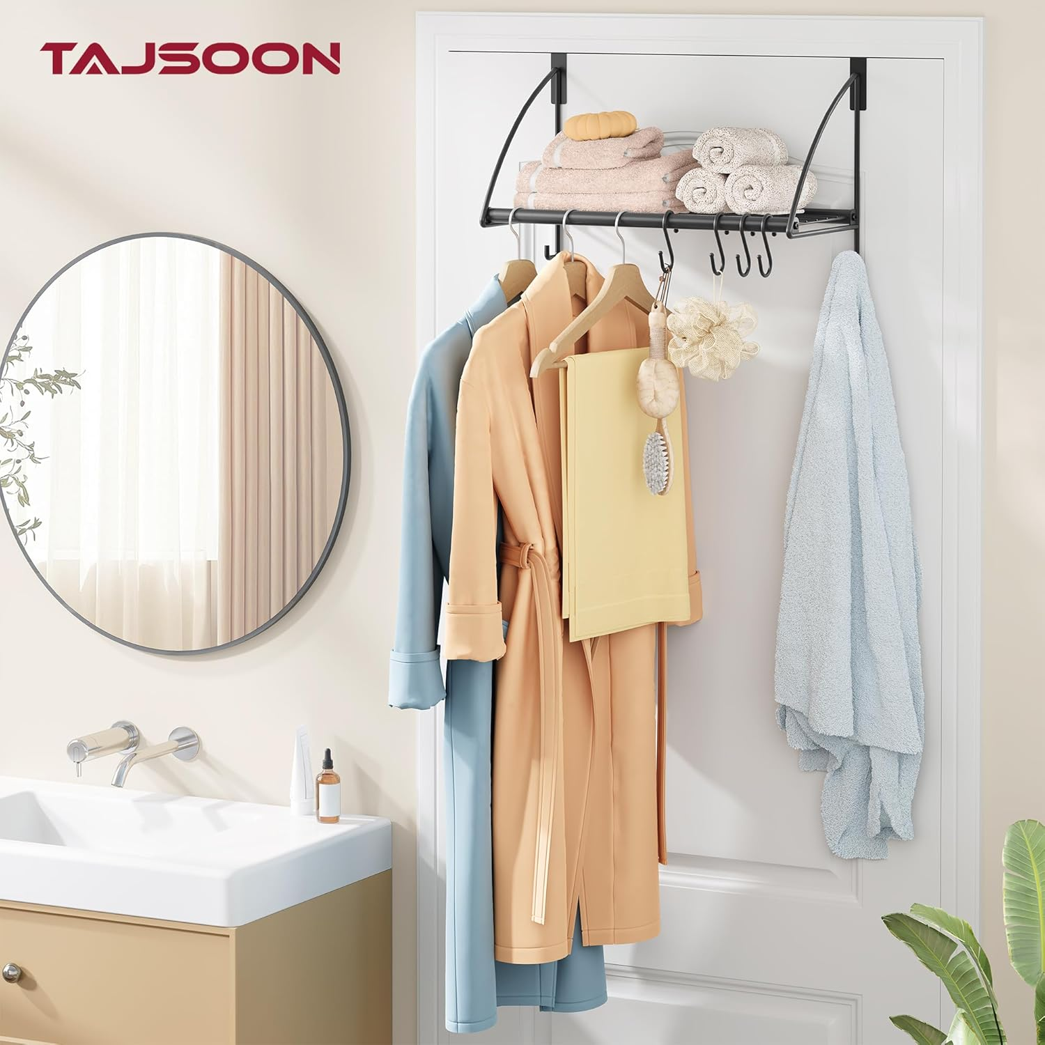 Tajsoon over the Door Hanger with Storage Rack and 6 Hooks, over the Door Clothes Racks for Hanging Towel & Coat, Door Rack Hanger for Bathroom, Bedroom, Living Room, Black image number 6