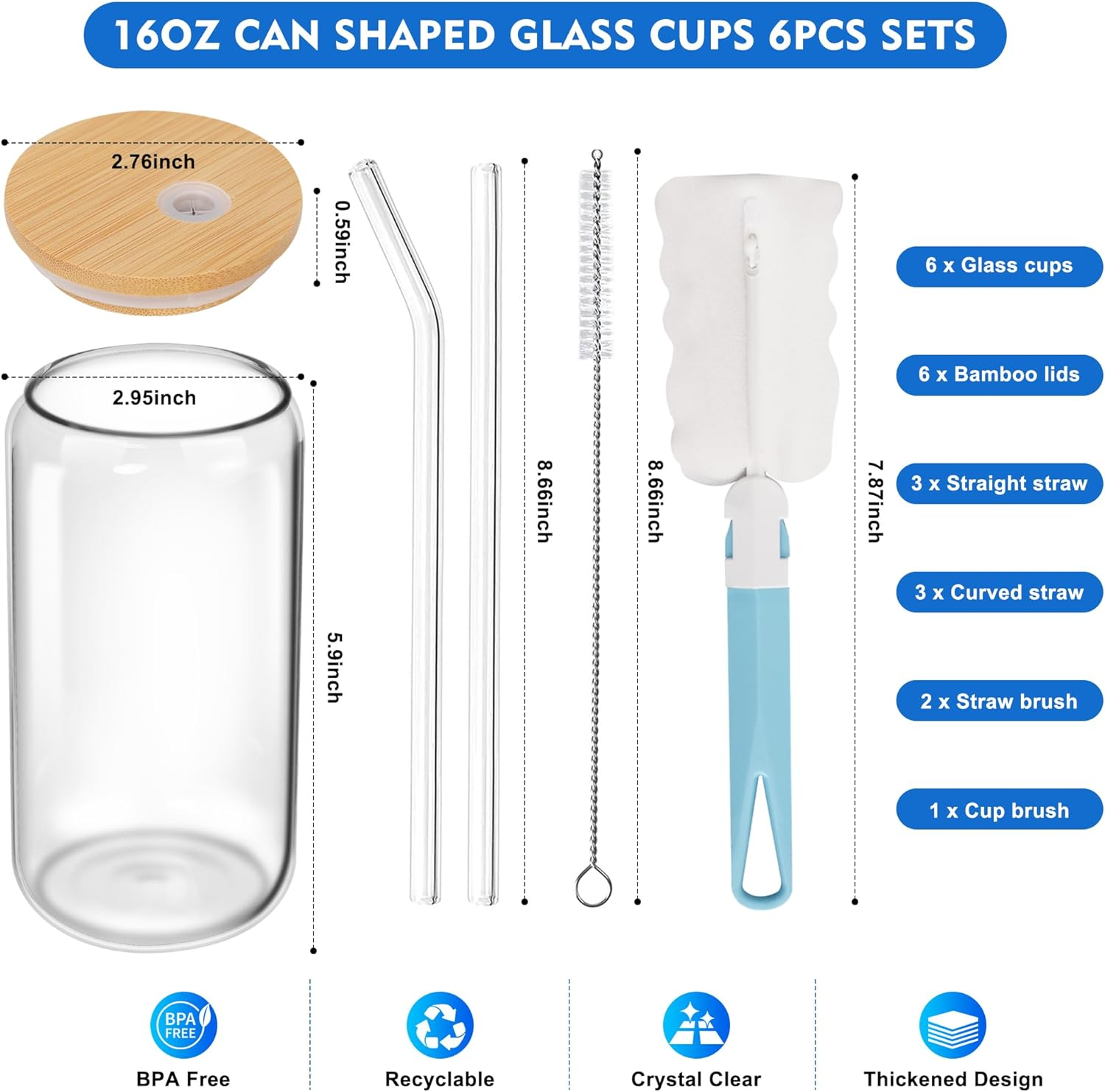 Drinking Glasses with Bamboo Lids and Glass Straw,16Oz Can Shaped Glass Cups, Beer Glasses, Iced Coffee Cups, Clear Glass Tumbler with Straw, for Cocktail, Whiskey, Gift Set(6 Pack) image number 4