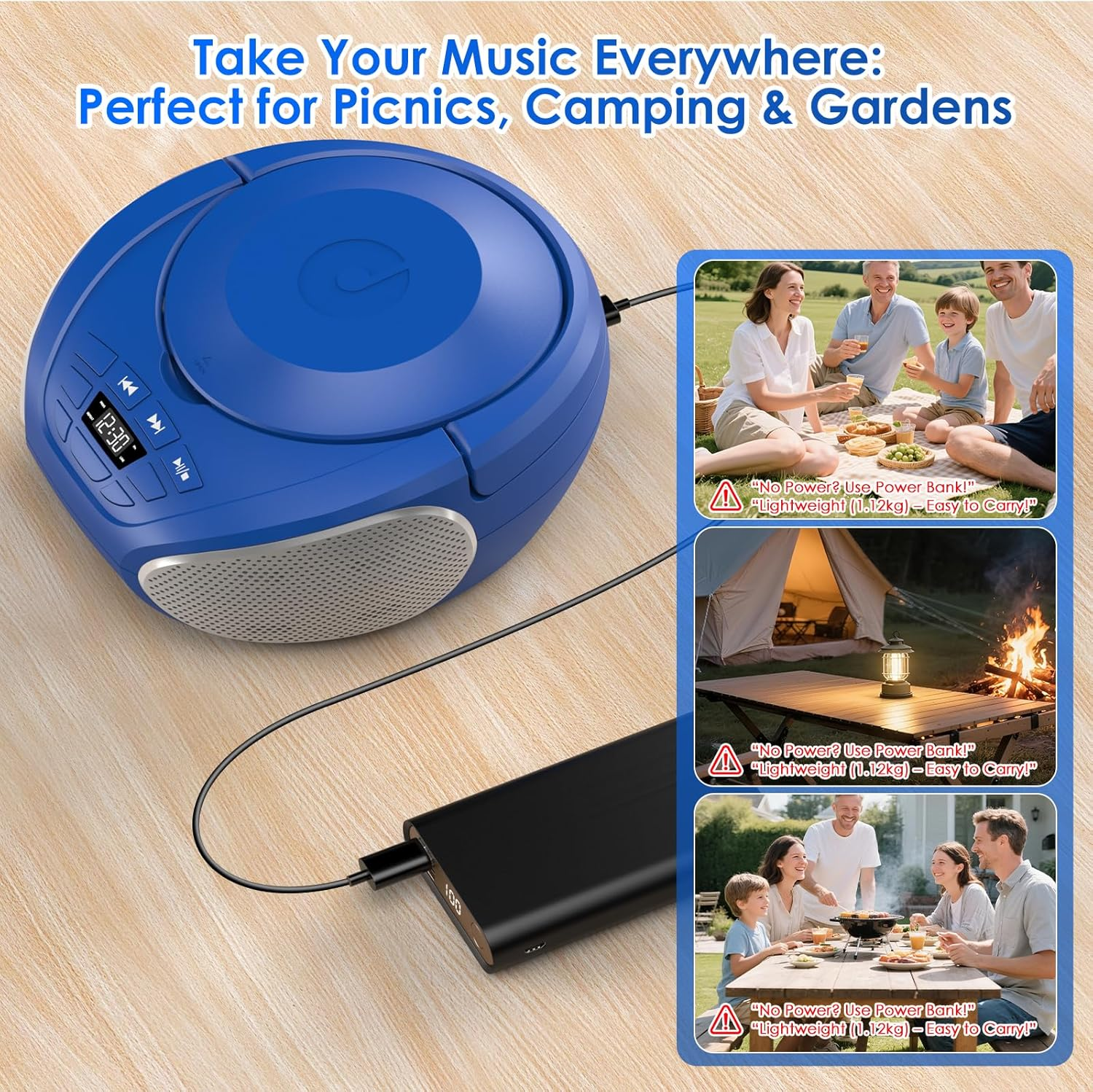 Gueray CD Player Boombox Stereo Sound Speaker with Bluetooth AM/FM Radio USB MP3 Playback 3.5Mm AUX Input Headphone Jack LCD Display(Blue+Silver) - Blue+Silver image number 5