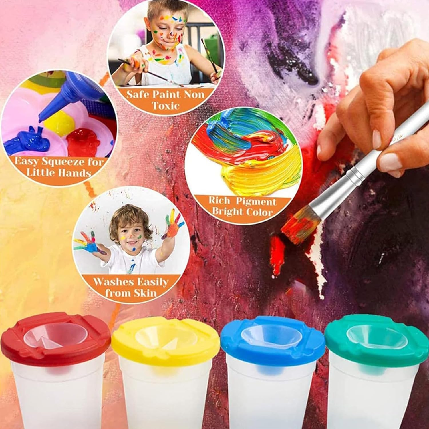 4 Pieces Assorted Colored Children'S Paintbrushes Spill Proof Paint Cups and Paint Brushes for Kids image number 3