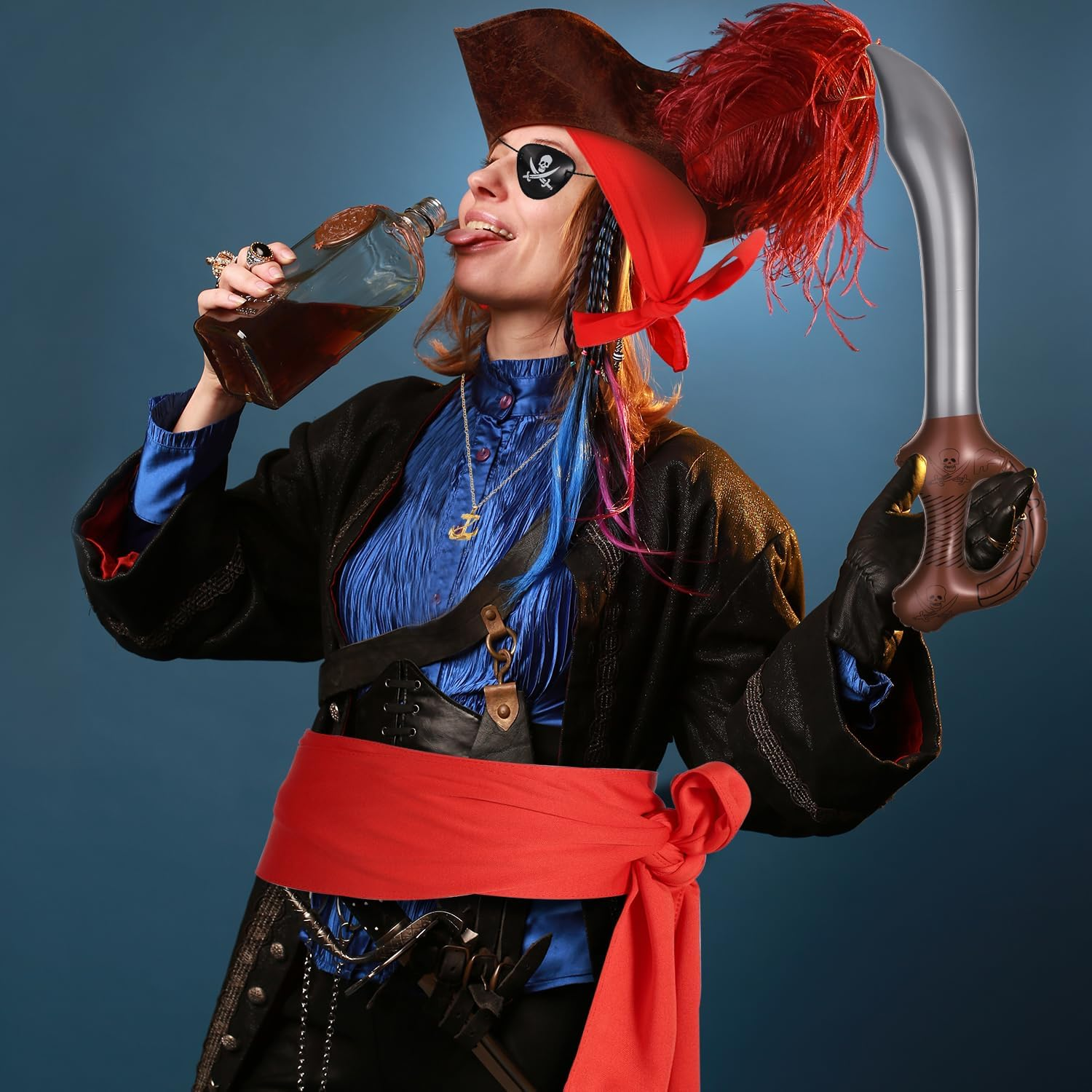 KINBOM 5Pcs Pirate Costume Accessories Set, Pirate Party Accessories Including Pirate Headband, Belt, Eye Patch, Necklace, Knife Shaped Balloon Cosplay Accessories for Pirate Party