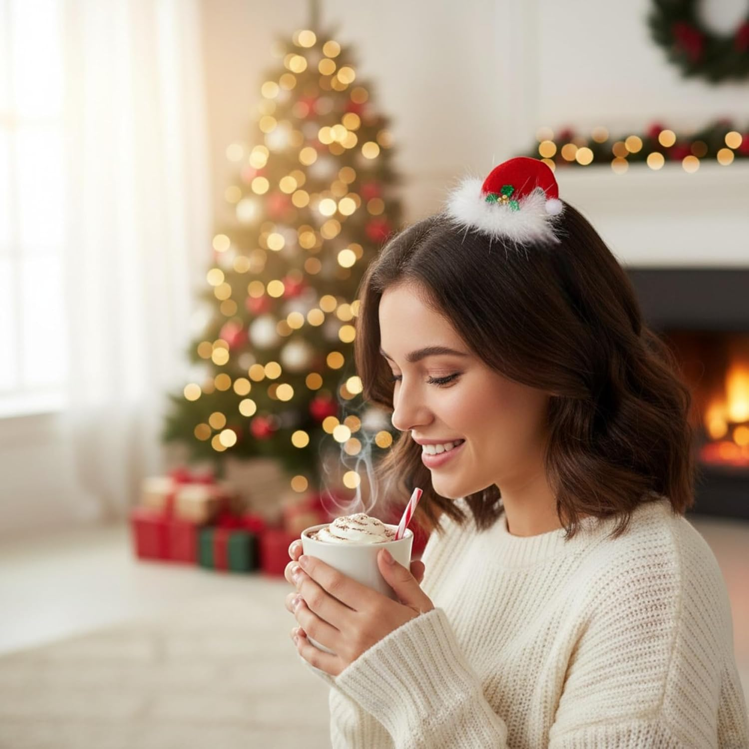 MIJOMA Set of 2 Christmas Hair Clips - Plush Christmas Hat Hair Clips with Mistletoe - Christmas Accessories for Women & Children - Red White Fluffy image number 3