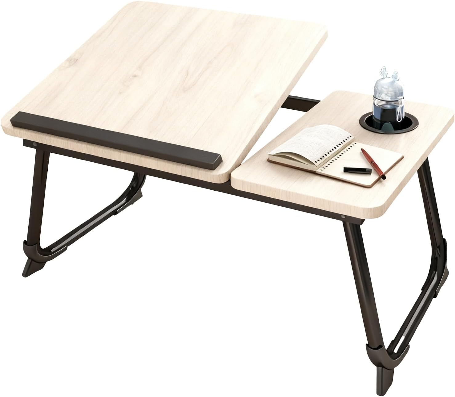 Adjustable Laptop Desk for Bed, 5-Angle Portable Lapdesk with Non-Slip Bar & Feet, Lightweight Lap Tray Table for Working/Eating/Reading, Includes Cup Holder (Natural Wood)